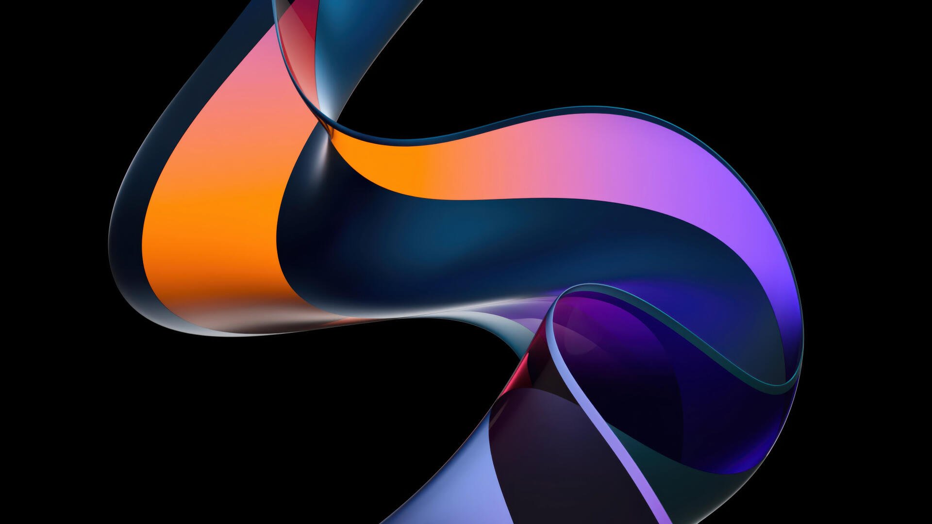Abstract digital art 4K Ultra HD PC desktop wallpaper: smooth, twisting ribbons of orange, violet and indigo flowing against a deep black background.