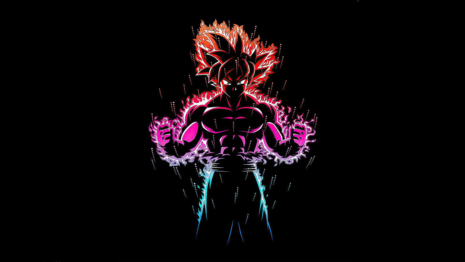 Vibrant neon silhouette of Goku from Dragon Ball Z powering up, high-contrast anime 4K Ultra HD PC desktop wallpaper and background.