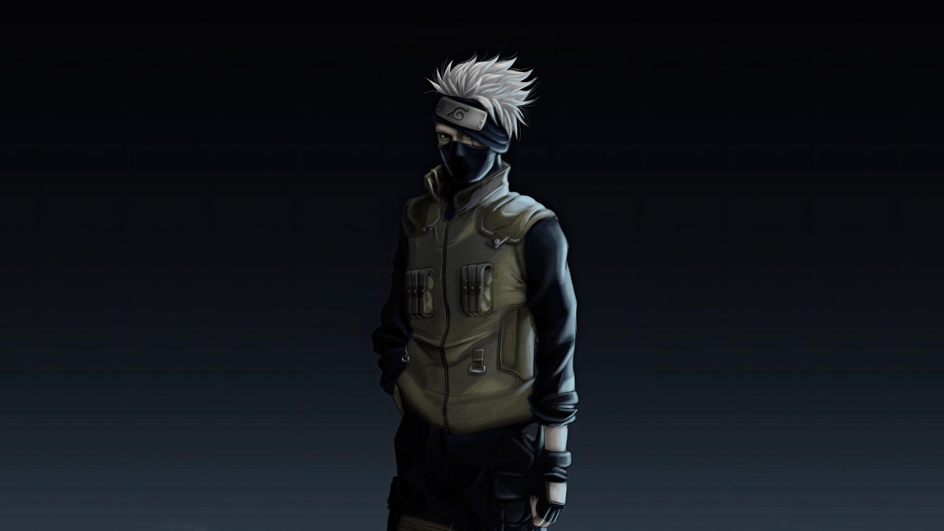 Kakashi Hatake from Naruto in a shadowed pose with mask and forehead protector against a dark gradient — 5K Ultra HD PC desktop wallpaper.