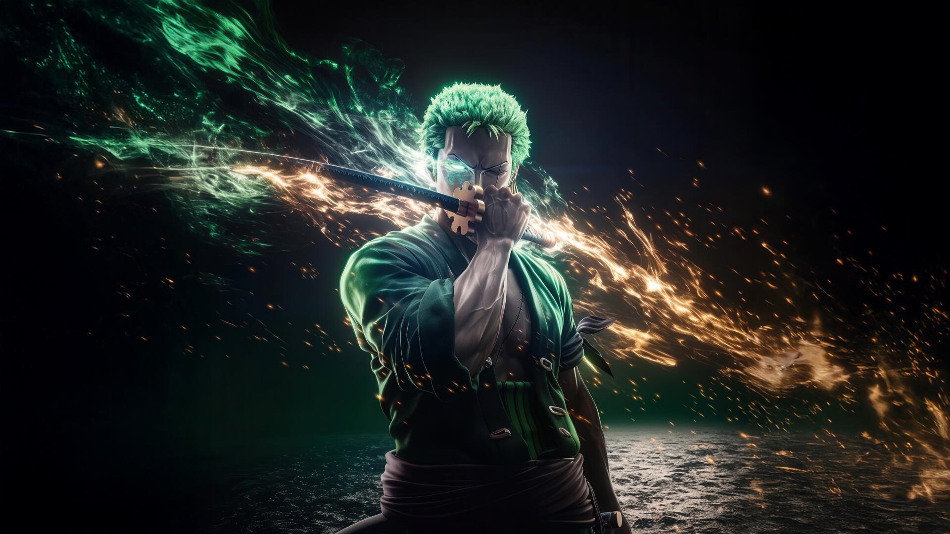 Roronoa Zoro (One Piece) — 5K Ultra HD PC desktop wallpaper/background: green-haired swordsman crossing blades and unleashing blazing green energy slashes against a dark, stormy backdrop.