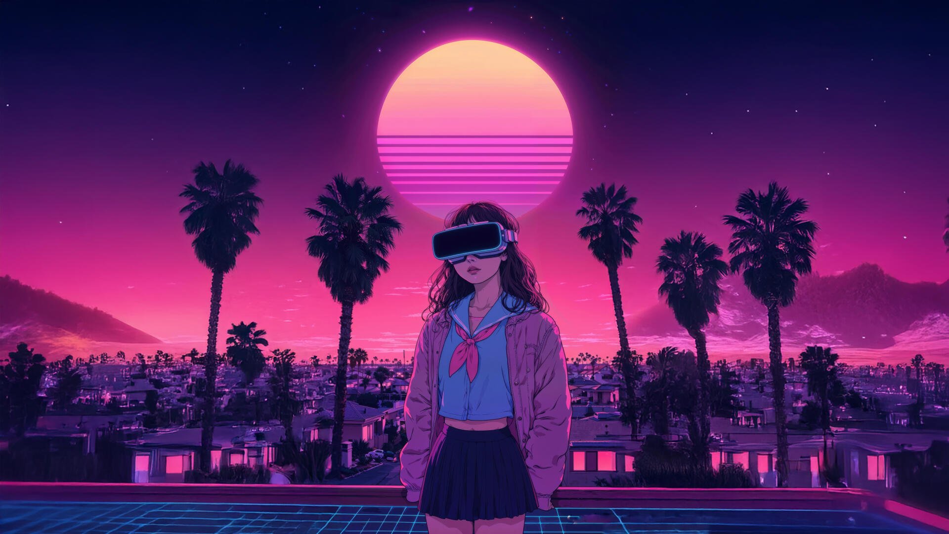 Neon digital art 5K Ultra HD PC desktop wallpaper: an anime girl in a VR visor stands by a rooftop pool at sunset, palm trees and a retro-futuristic city beneath a glowing pink sun.