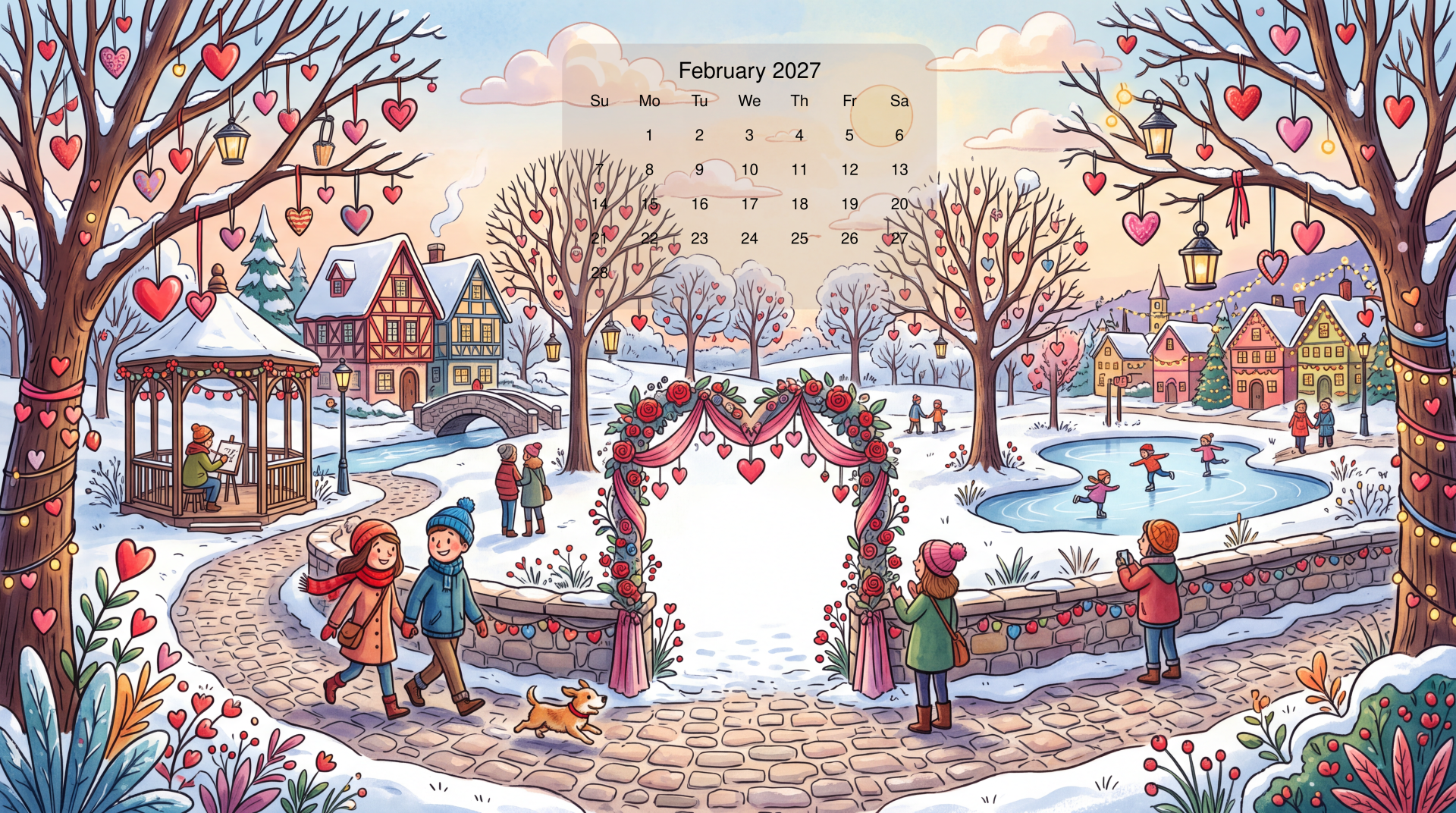 February 2027 calendar 5K Ultra HD PC desktop wallpaper: snowy village square with heart-shaped arch, valentine decorations, skating pond and cozy houses.