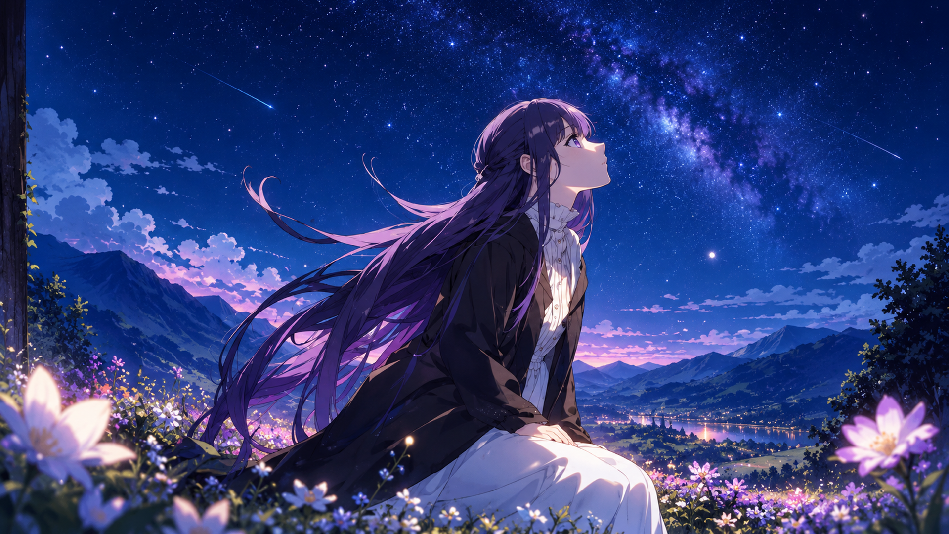 Frieren from Frieren: Beyond Journey's End sits in a moonlit flower meadow, gazing at the Milky Way — anime 2K Quad HD PC desktop wallpaper and background.