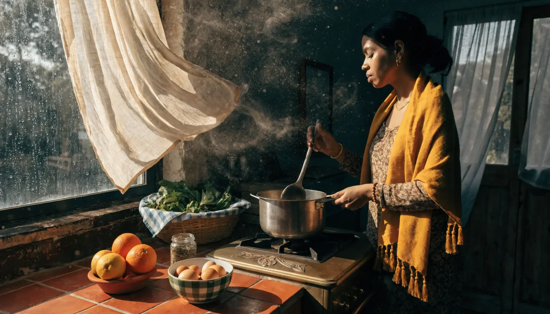 2K Quad HD PC desktop wallpaper: woman cooking in a sunlit rustic kitchen, stirring a pot by a window with bowls of fruit and vegetables on the counter.