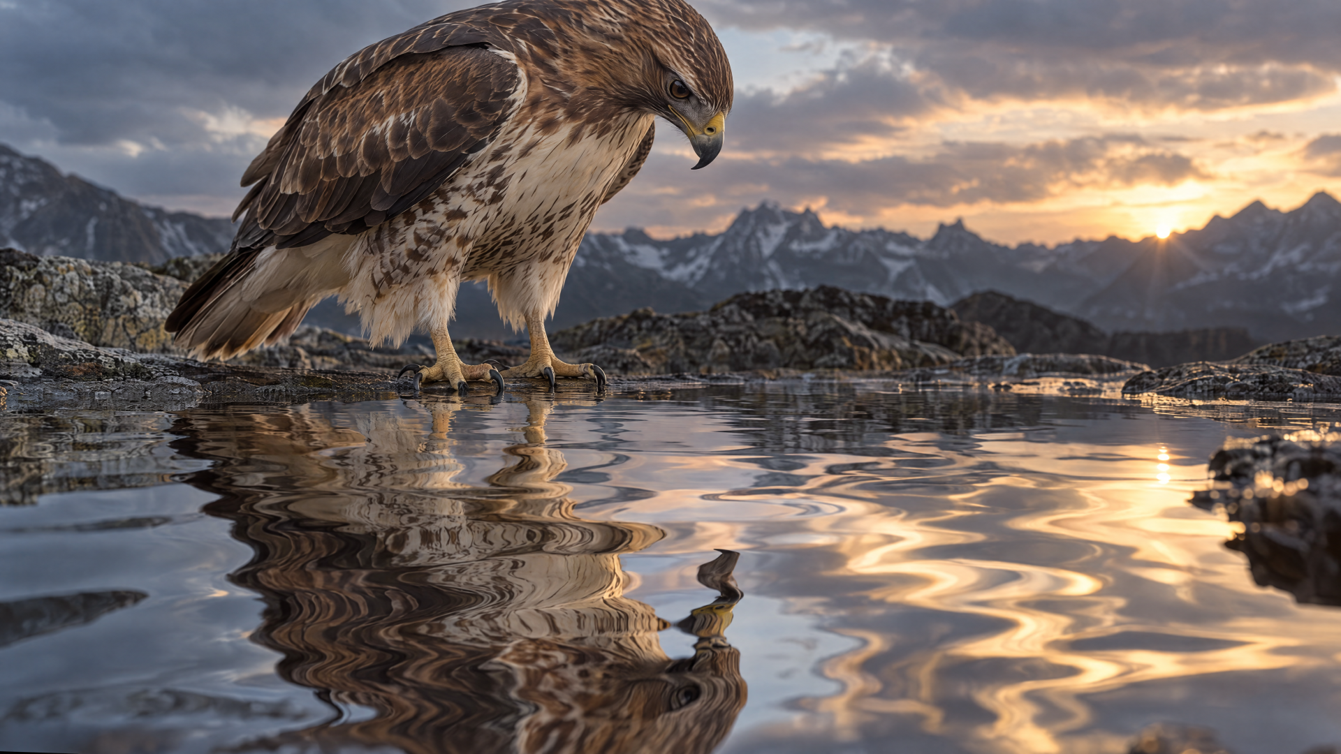 Majestic hawk/eagle bird of prey perched on rocky shore, gazing at its rippled reflection as the sun sets — 4K Ultra HD PC desktop wallpaper and background.