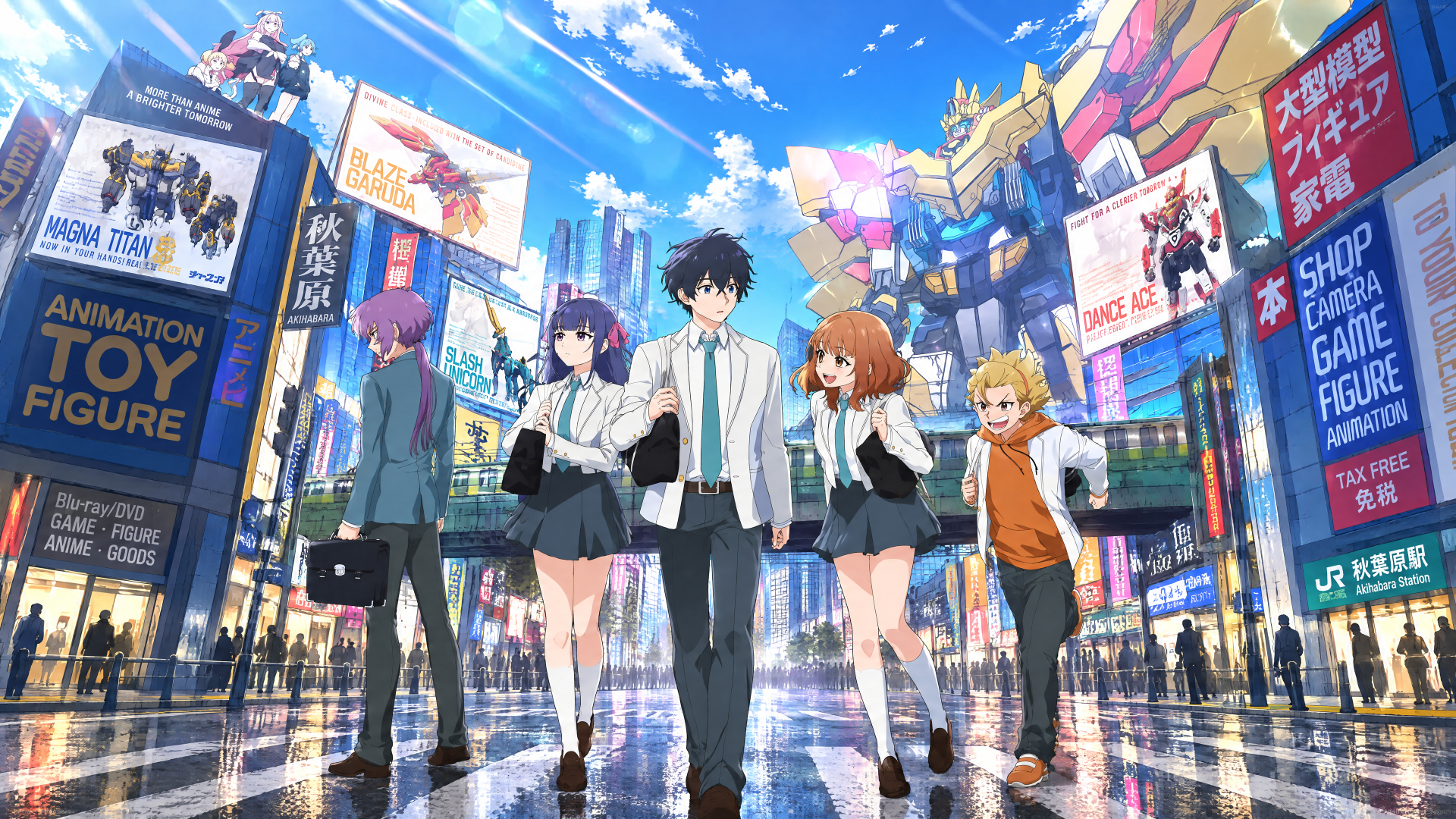 4K Ultra HD PC desktop wallpaper — Dandivine anime group: five students in school uniforms walking through a neon-lit cityscape with colorful billboards and wet reflective streets.