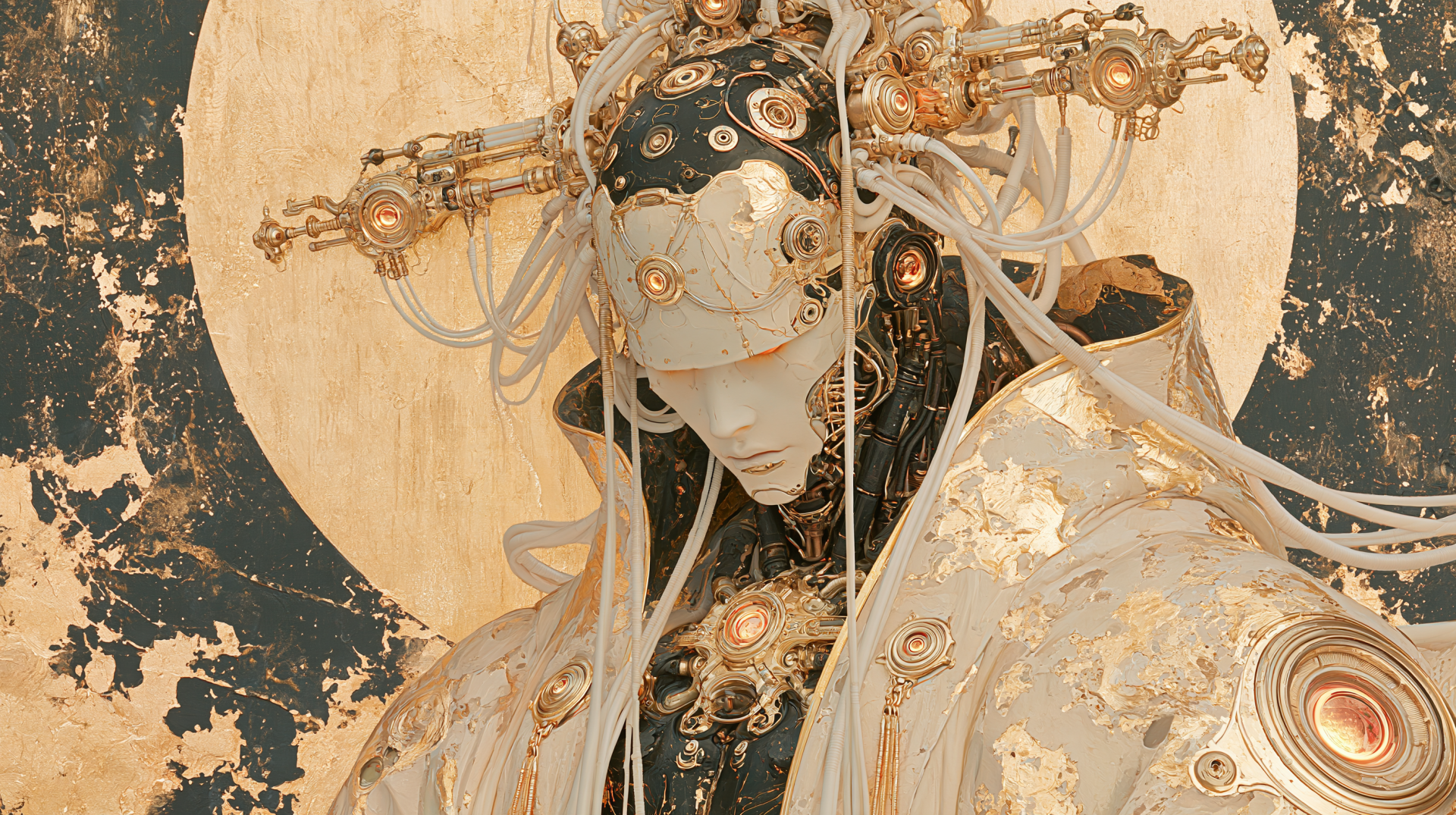 Ornate cyborg portrait of a masked, statue-like figure in gilded armor with flowing cables and a textured golden halo — 2K Quad HD PC desktop wallpaper.