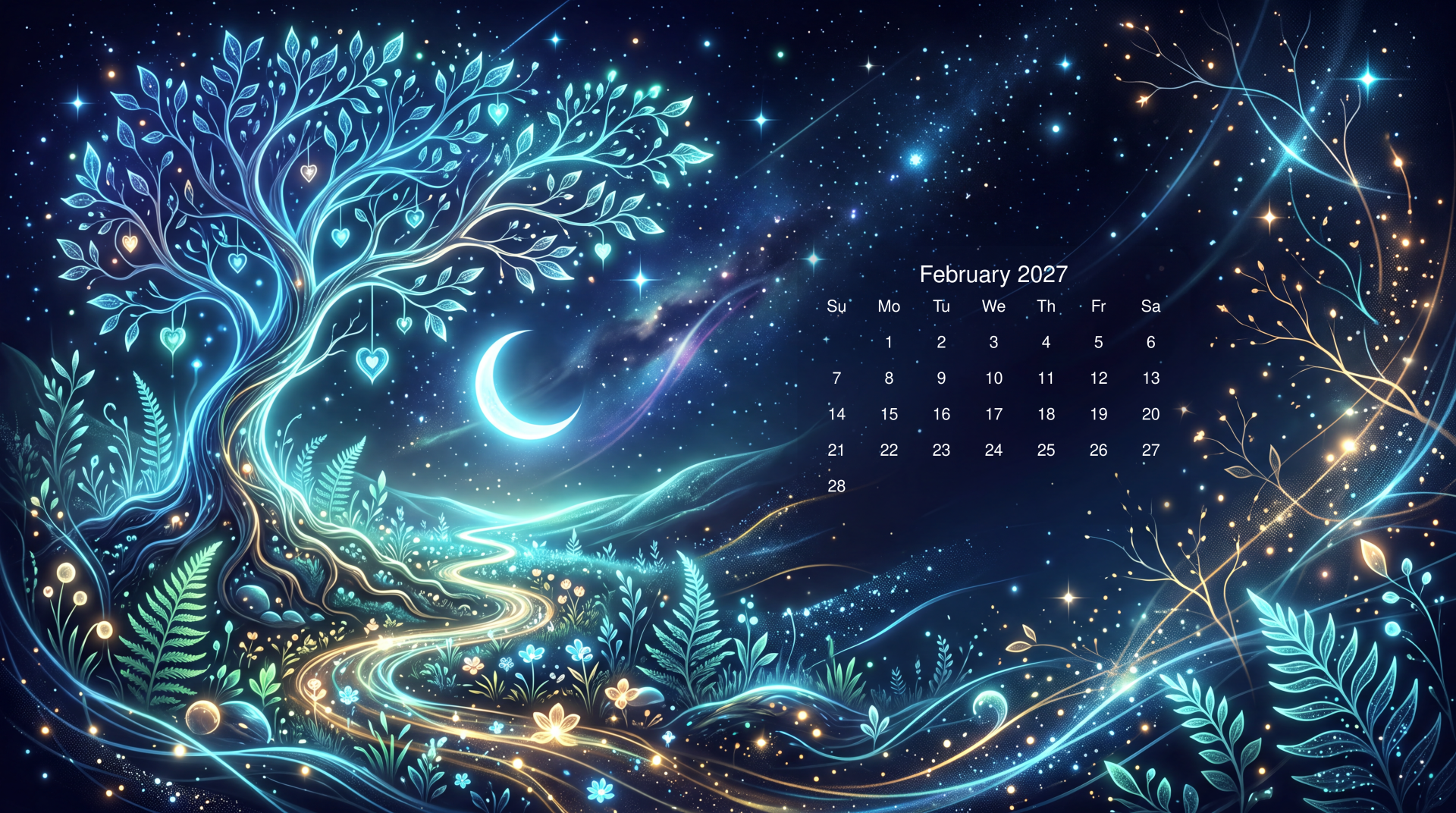 February 2027 calendar over a 5K Ultra HD PC desktop wallpaper: a glowing crescent moon, a luminous tree and enchanted forest at night with swirling stars and glowing foliage.