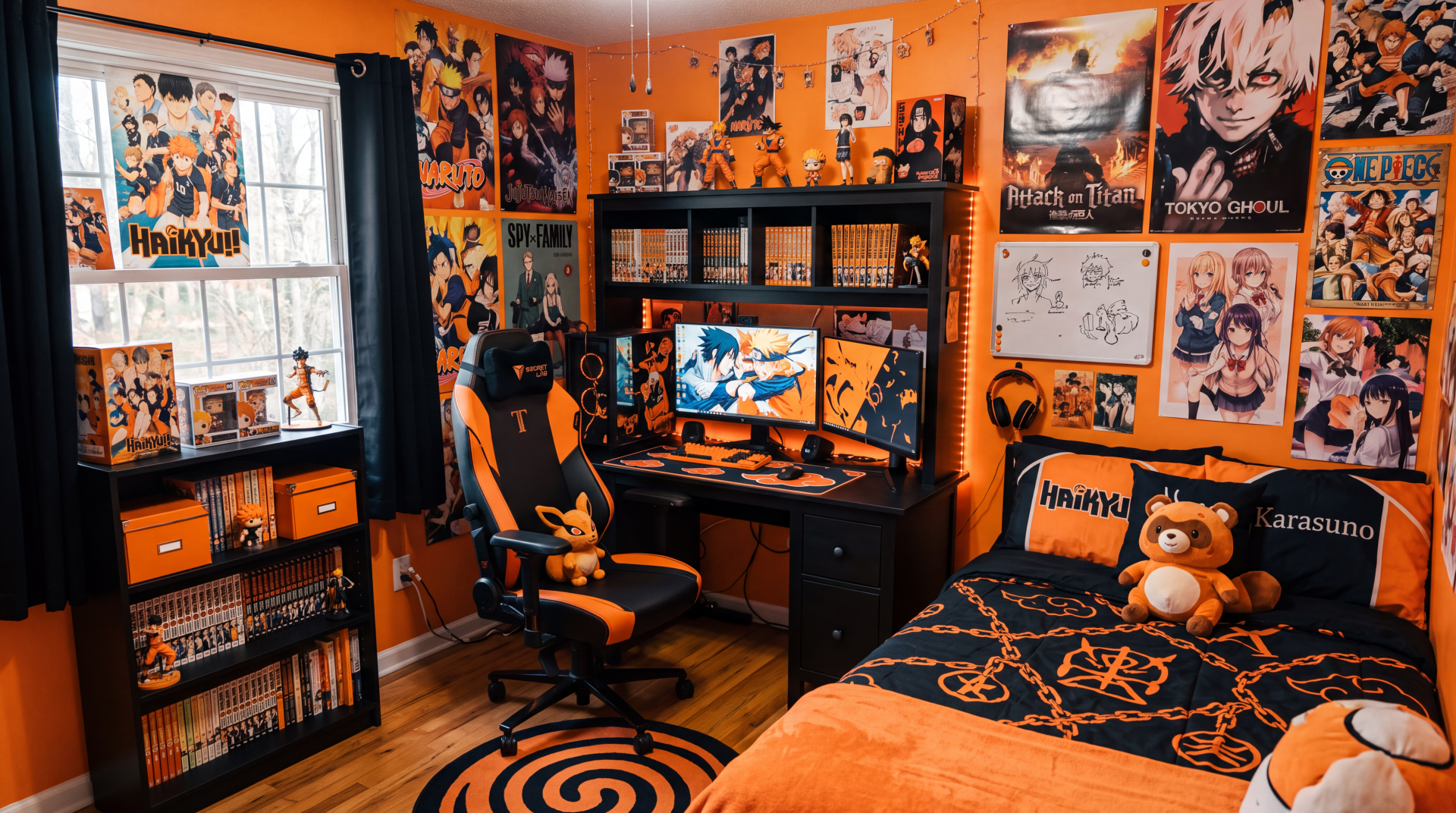 Vibrant anime room and bedroom with orange walls, posters, manga shelves, gaming PC, ergonomic chair, plush-topped bed — 5K Ultra HD PC desktop wallpaper and background.