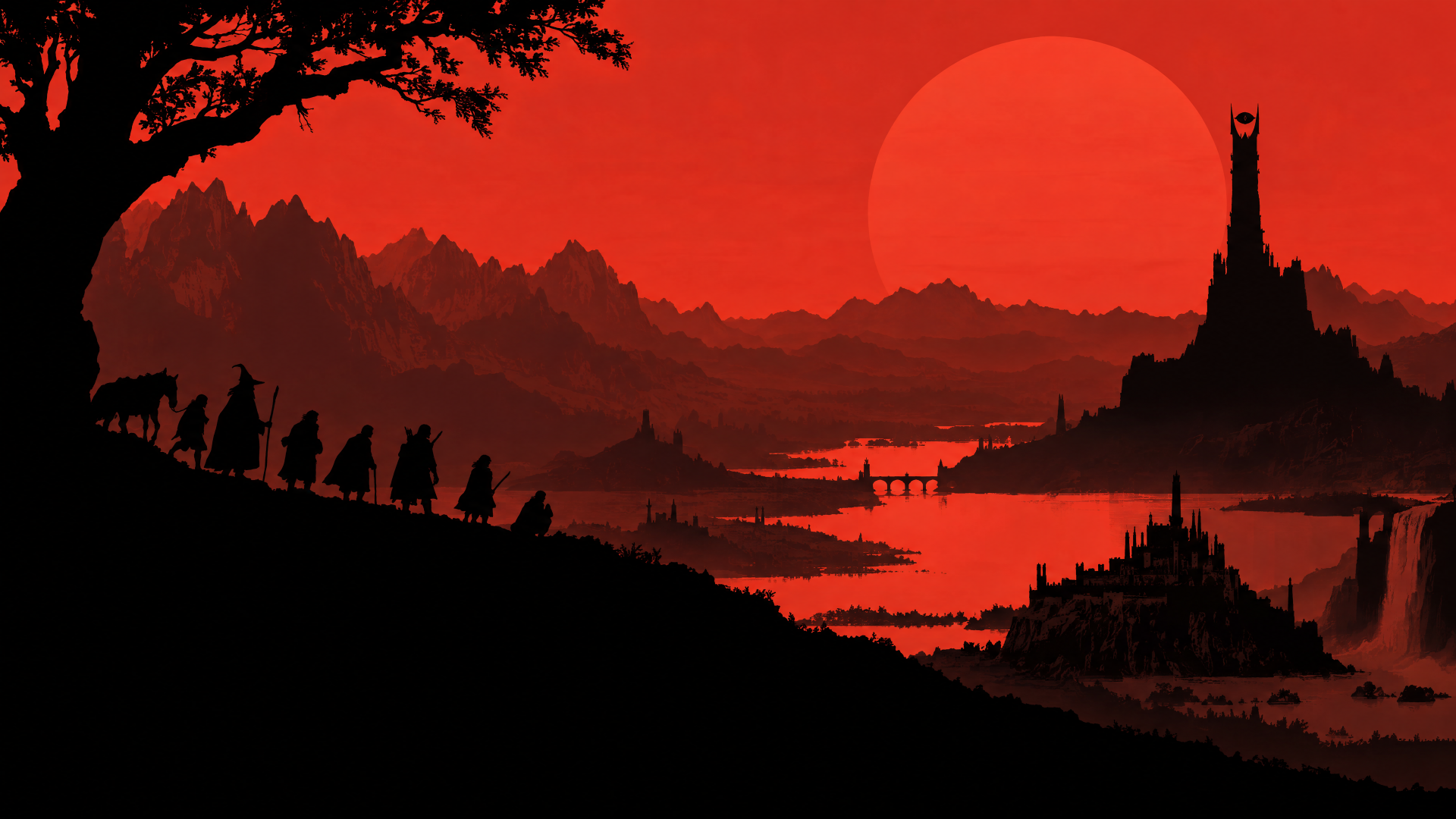Middle Earth silhouette landscape: travelers on a ridge heading toward jagged mountains and dark towers under a blood-red sun — 4K Ultra HD PC desktop wallpaper background.