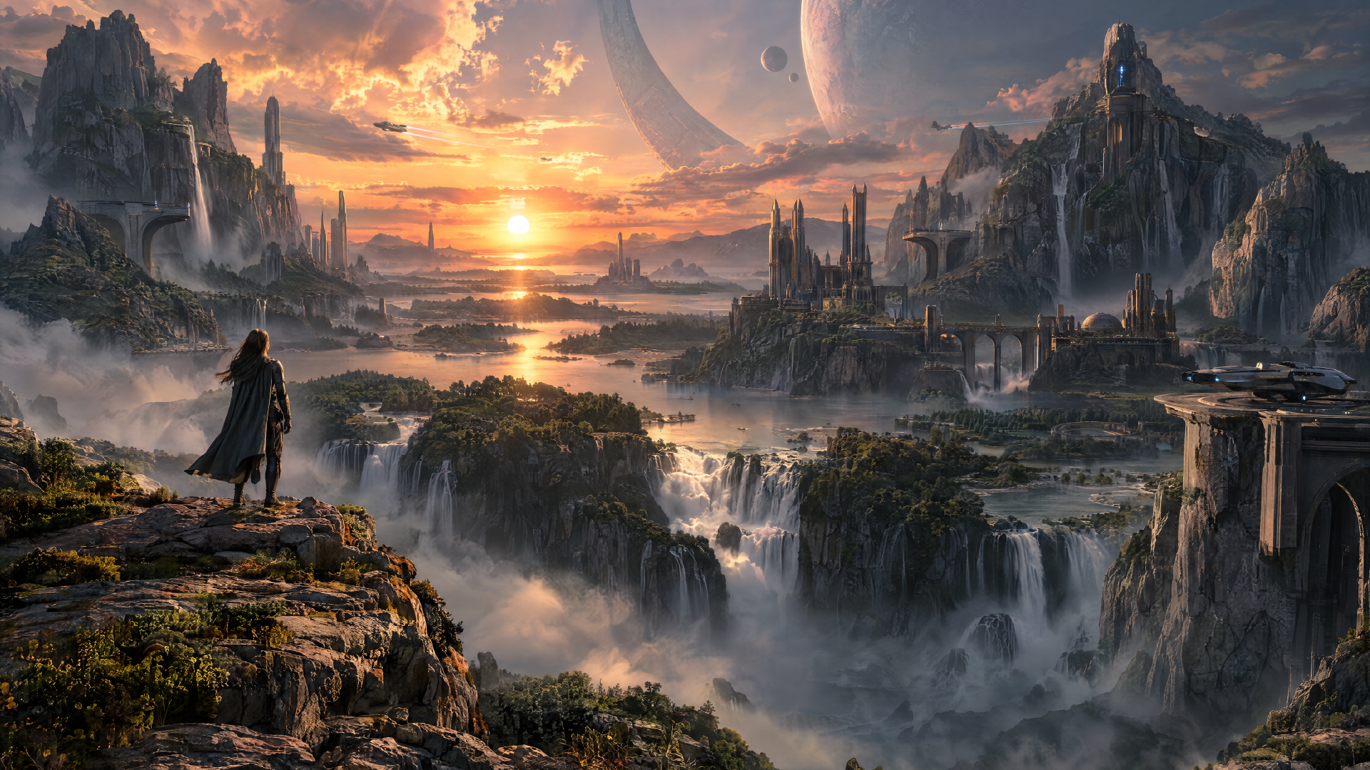4K Ultra HD Fantasy & Sci-Fi landscape AI Art: a lone cloaked figure overlooks cascading waterfalls, ruined castles and twin moons at sunset — dramatic PC desktop wallpaper background.