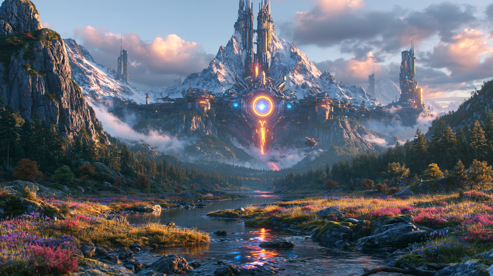 Fantasy & Sci‑Fi landscape AI Art 2K Quad HD PC desktop wallpaper/background: a towering crystalline citadel with a glowing portal above a reflective river, misty peaks and a vibrant meadow.