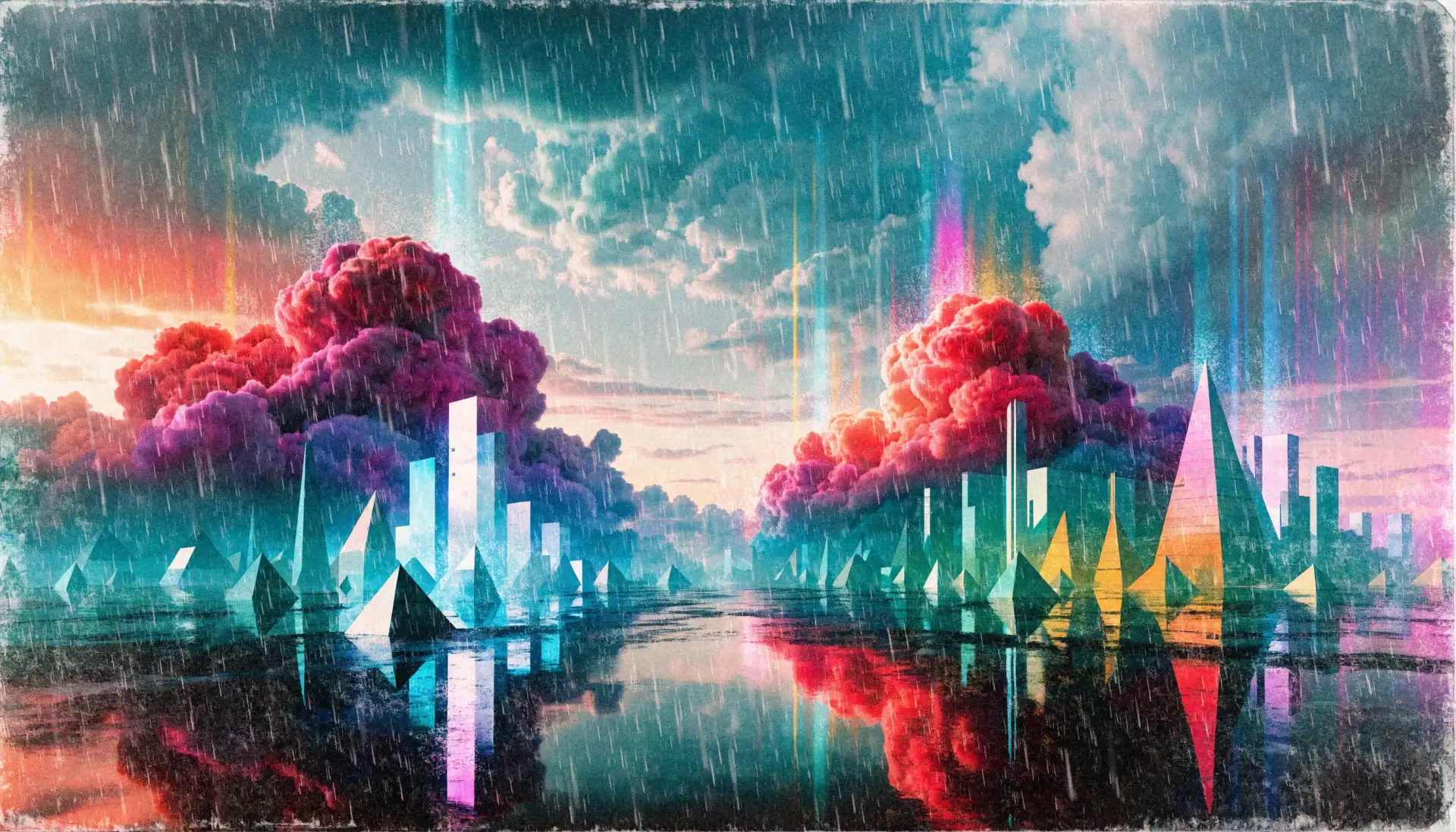 Vivid abstract landscape-cityscape with neon geometric towers, colorful cloudbanks and rain-swept reflections on water — 2K Quad HD PC desktop wallpaper and background.