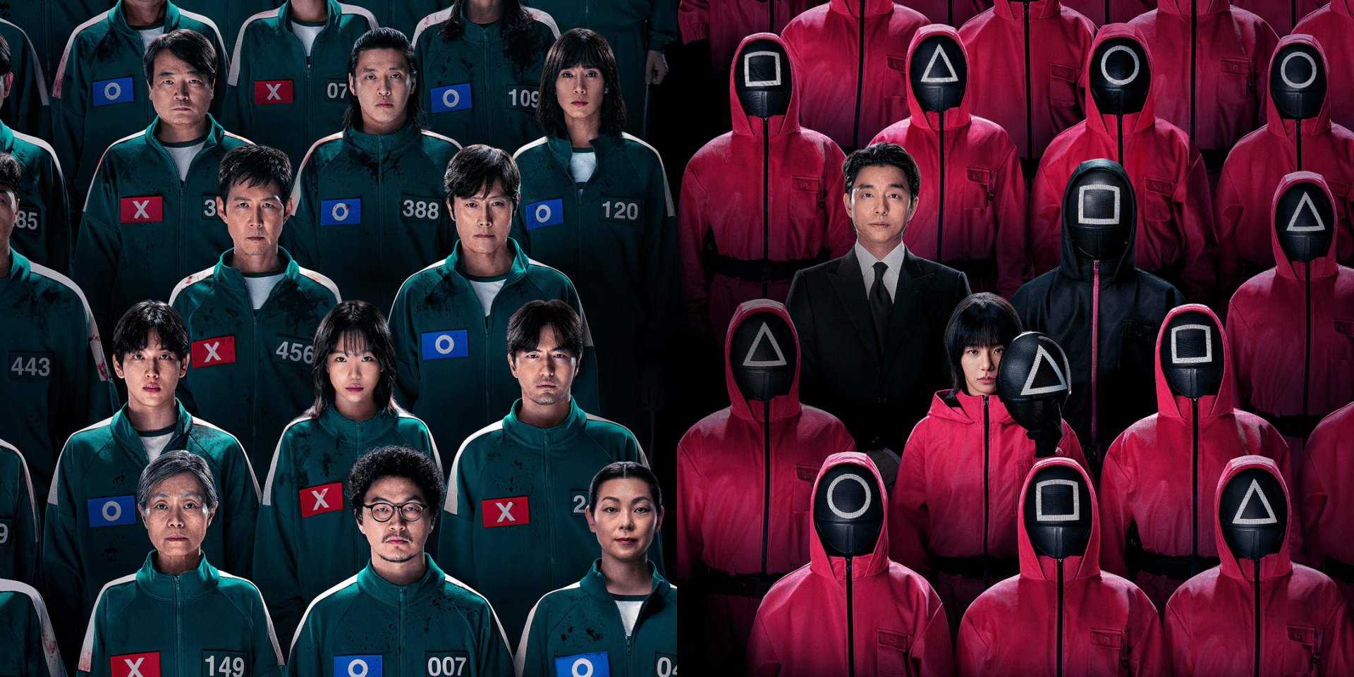 HD PC desktop wallpaper/background: Squid Game scene with rows of red‑hooded guards wearing circle/triangle/square masks and numbered players in green tracksuits.