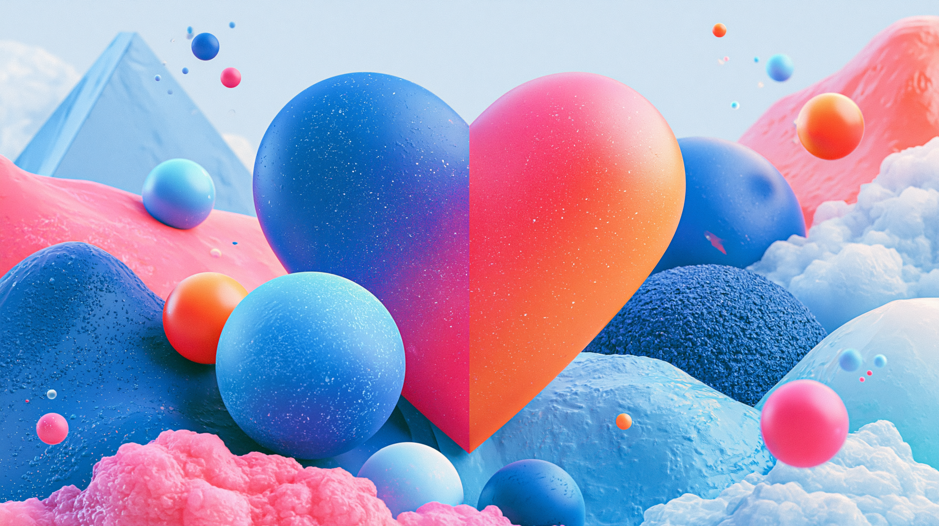 Artistic abstract 2K Quad HD PC desktop wallpaper: a vibrant heart-shaped sphere split blue-to-pink, surrounded by floating textured spheres and soft pastel cloud-like forms.