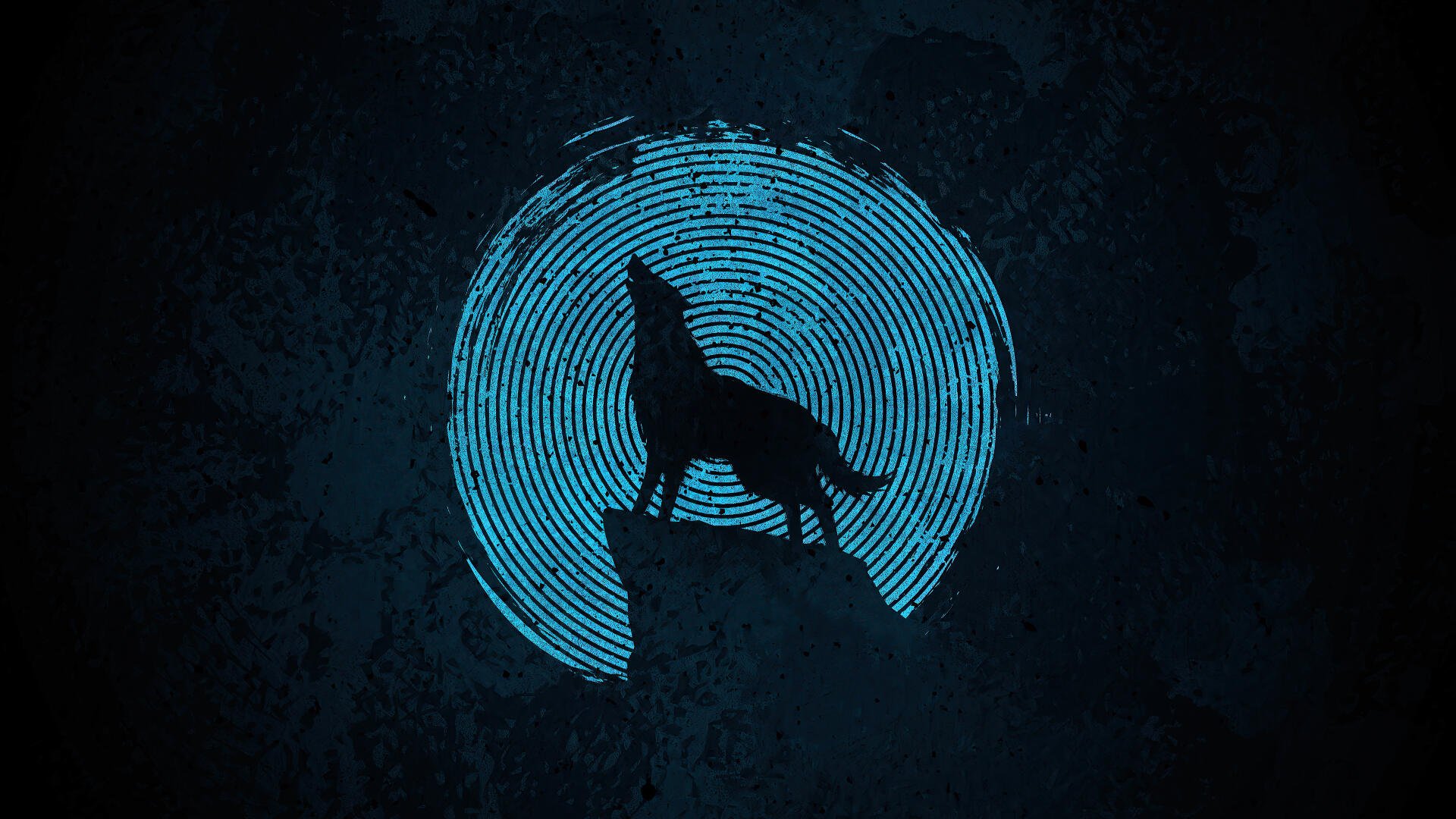 Wolf digital art 4K Ultra HD PC desktop wallpaper: silhouetted wolf howling on a rocky ledge with a glowing concentric blue circle on a dark textured background.