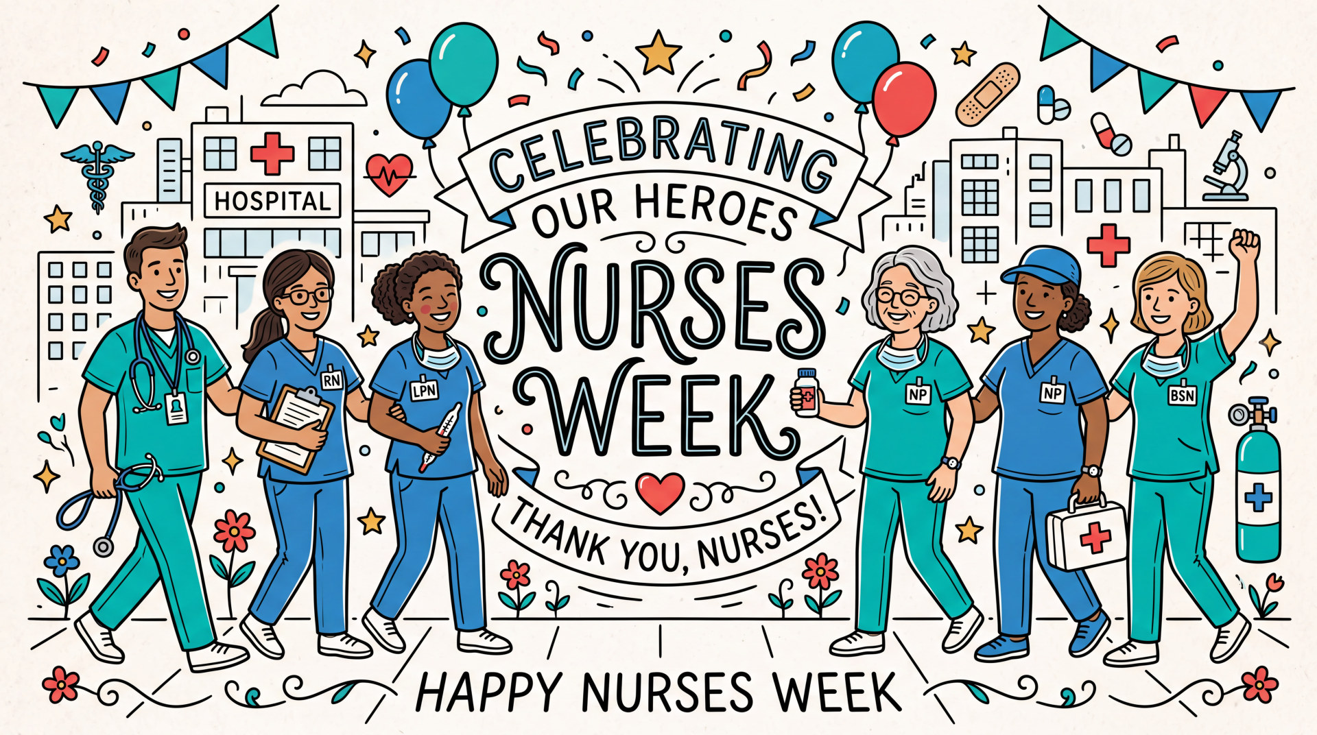 5K UHD wallpaper: colorful hospital scene celebrating Nurses Week — diverse nurses in scrubs, balloons and banners reading Celebrating Our Heroes and Thank you, nurses!