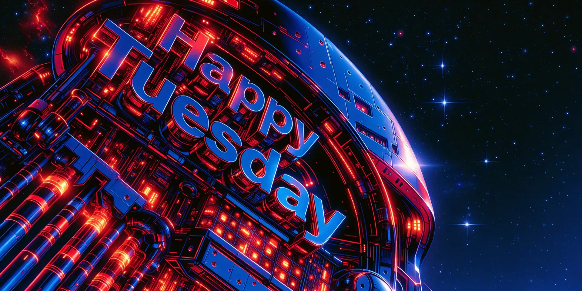 2K Quad HD PC desktop wallpaper: neon Happy Tuesday sign glowing on a futuristic cybernetic dome against a starry space background.