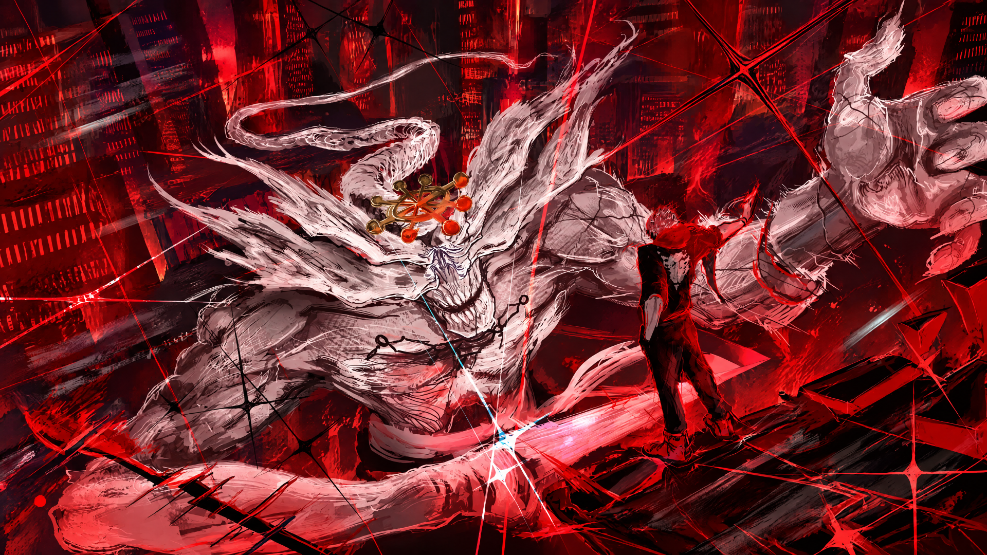 4K Ultra HD PC wallpaper: Mahoraga, a monstrous dragon from Jujutsu Kaisen, looms amid a blood-red shattered backdrop while Sukuna faces it—intense, chaotic duel.