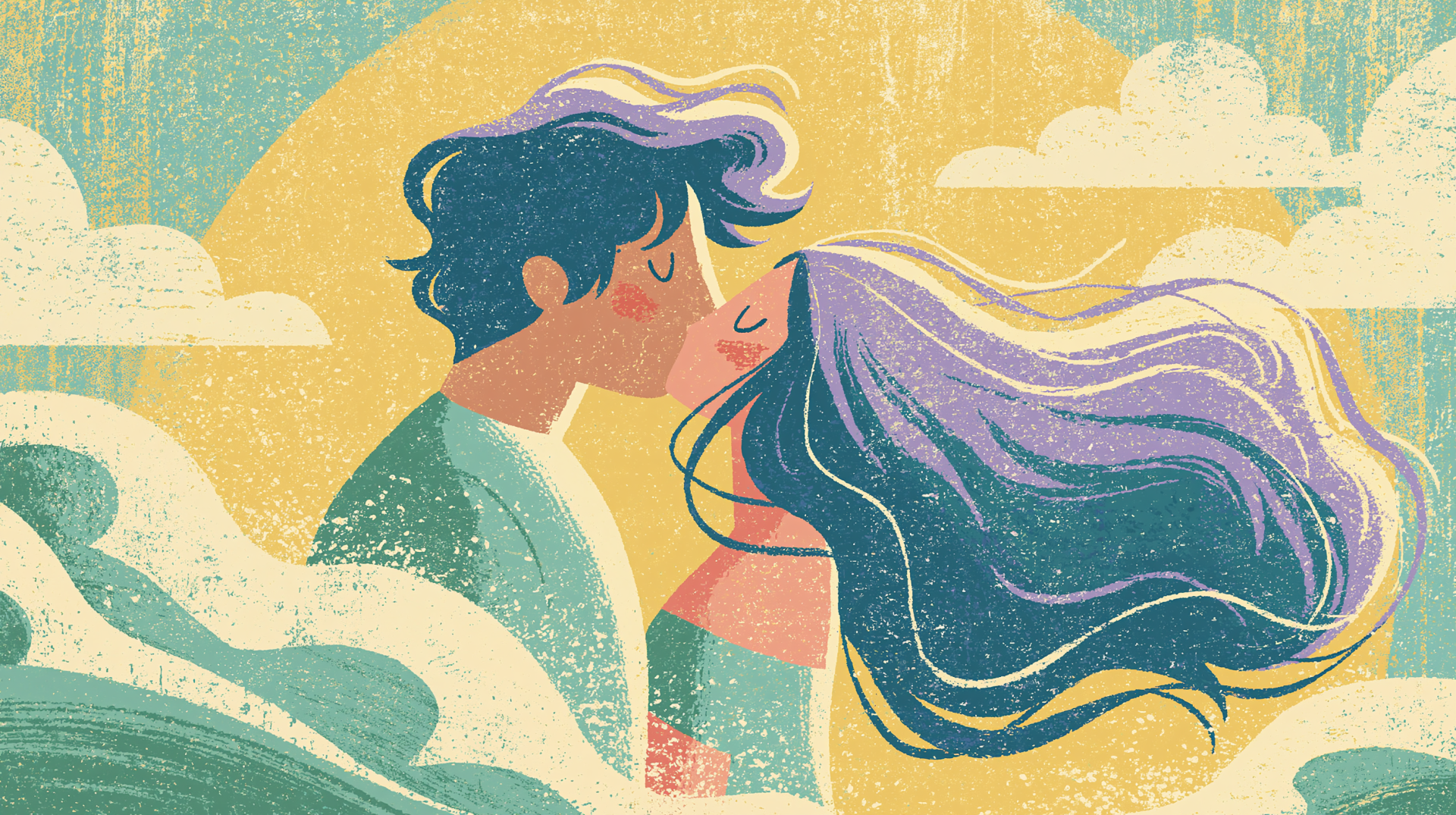 Artistic 2K Quad HD PC desktop wallpaper of a loving couple sharing a kiss amid stylized clouds and sun, flowing hair and textured painterly background.