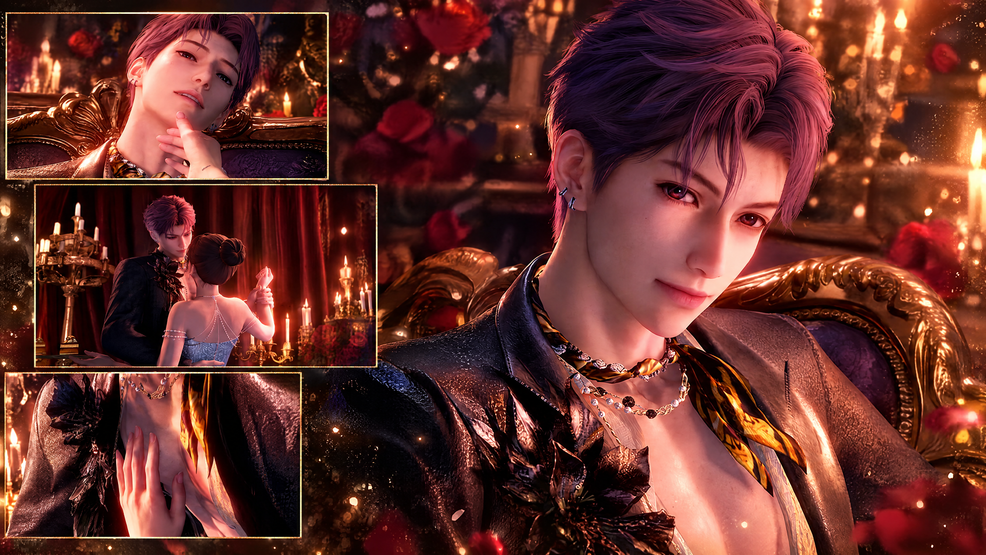 4K Ultra HD PC wallpaper: anime portrait of Rafayel, a suave man bathed in candlelight amid Love and Deepspace stars with a romantic, ornate background.