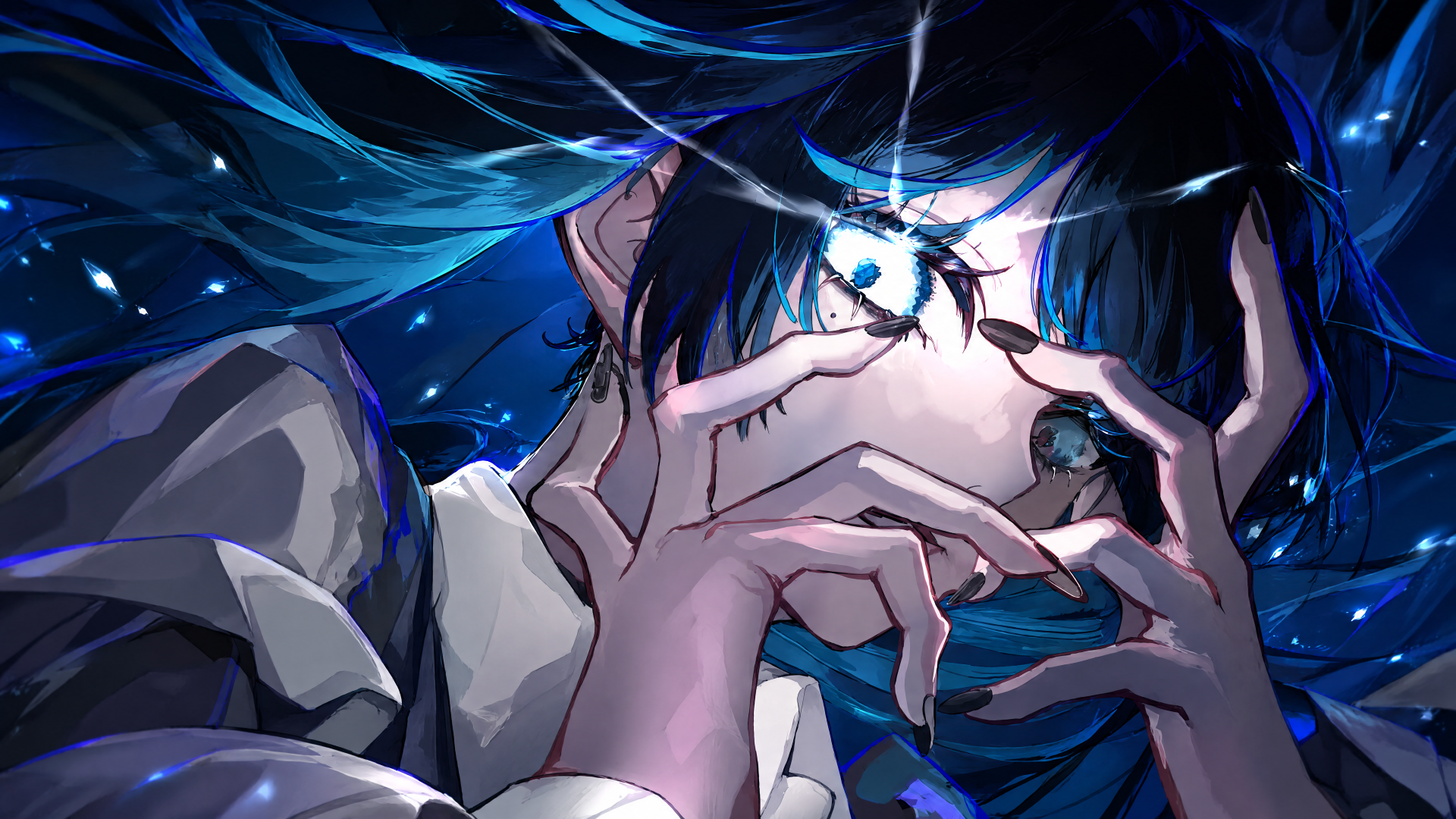 Blue-lit anime portrait of Hibana, hands framing a glowing, tearful eye; tagged Ado (Nico Nico Singer). 4K Ultra HD PC desktop wallpaper/background.