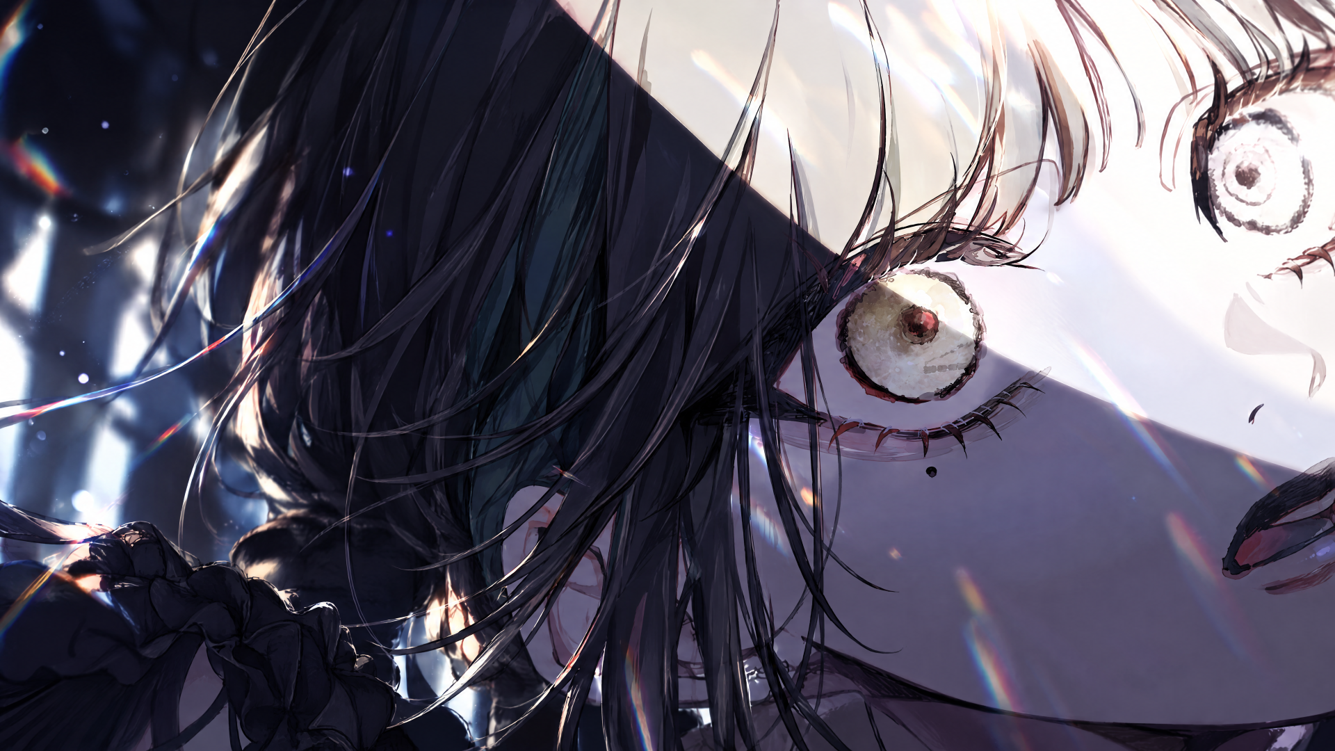 Close-up anime face and eye of a Hibana-inspired character with dramatic lighting; 4K Ultra HD PC desktop wallpaper/background, a fan-art nod to a Nico Nico singer.