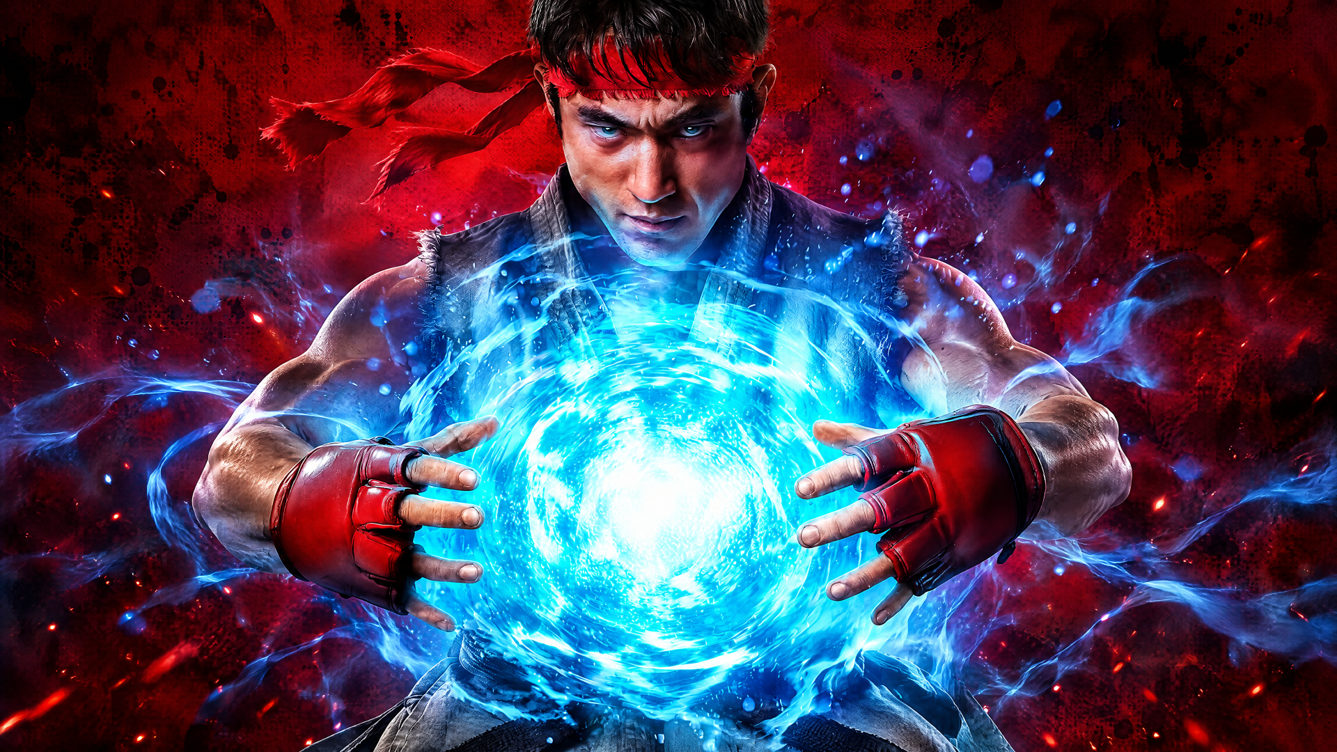 4K Ultra HD wallpaper of Ryu from Street Fighter (2026) summoning a crackling blue energy orb, fists wrapped, red headband and fierce, focused expression.