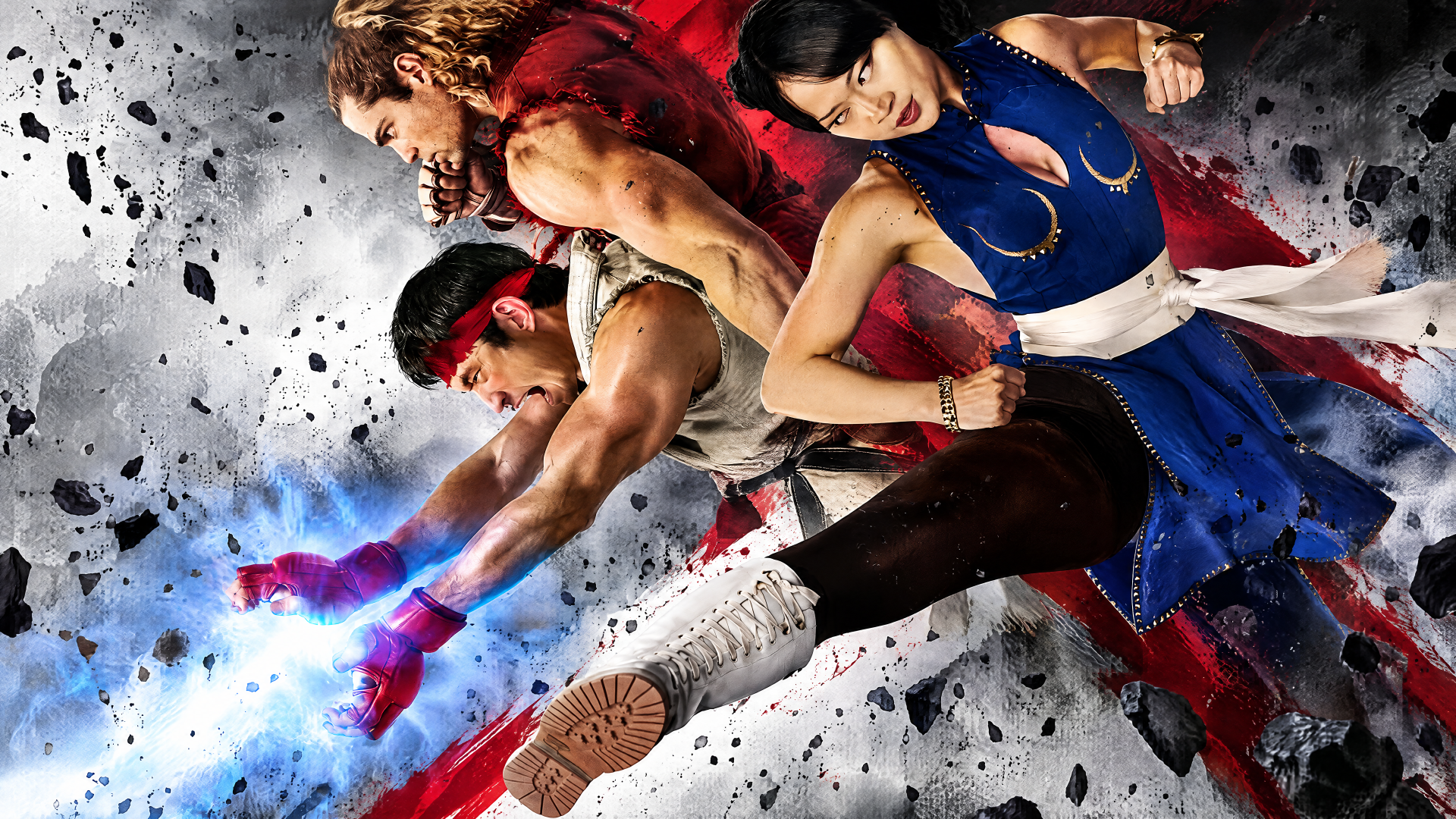 4K Ultra HD PC wallpaper of Street Fighter (2026): Chun-Li and rival fighters unleashing dynamic kicks and punches amid flying debris and motion streaks.