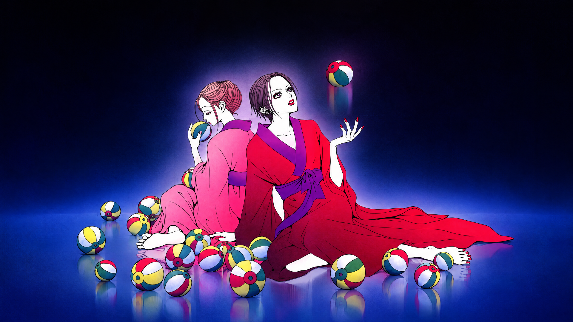 4K Ultra HD desktop wallpaper of Nana Osaki and Nana Komatsu seated back-to-back in elegant red dresses amid colorful beach balls on a glossy blue floor.