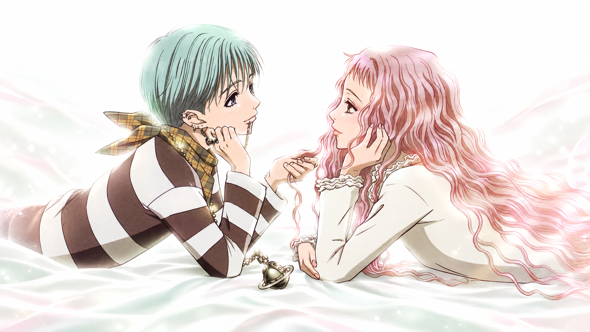 Nana (Nana Osaki) and Nana Komatsu, anime couple lying face-to-face on white sheets, holding hands in soft pastels — 4K Ultra HD PC desktop wallpaper