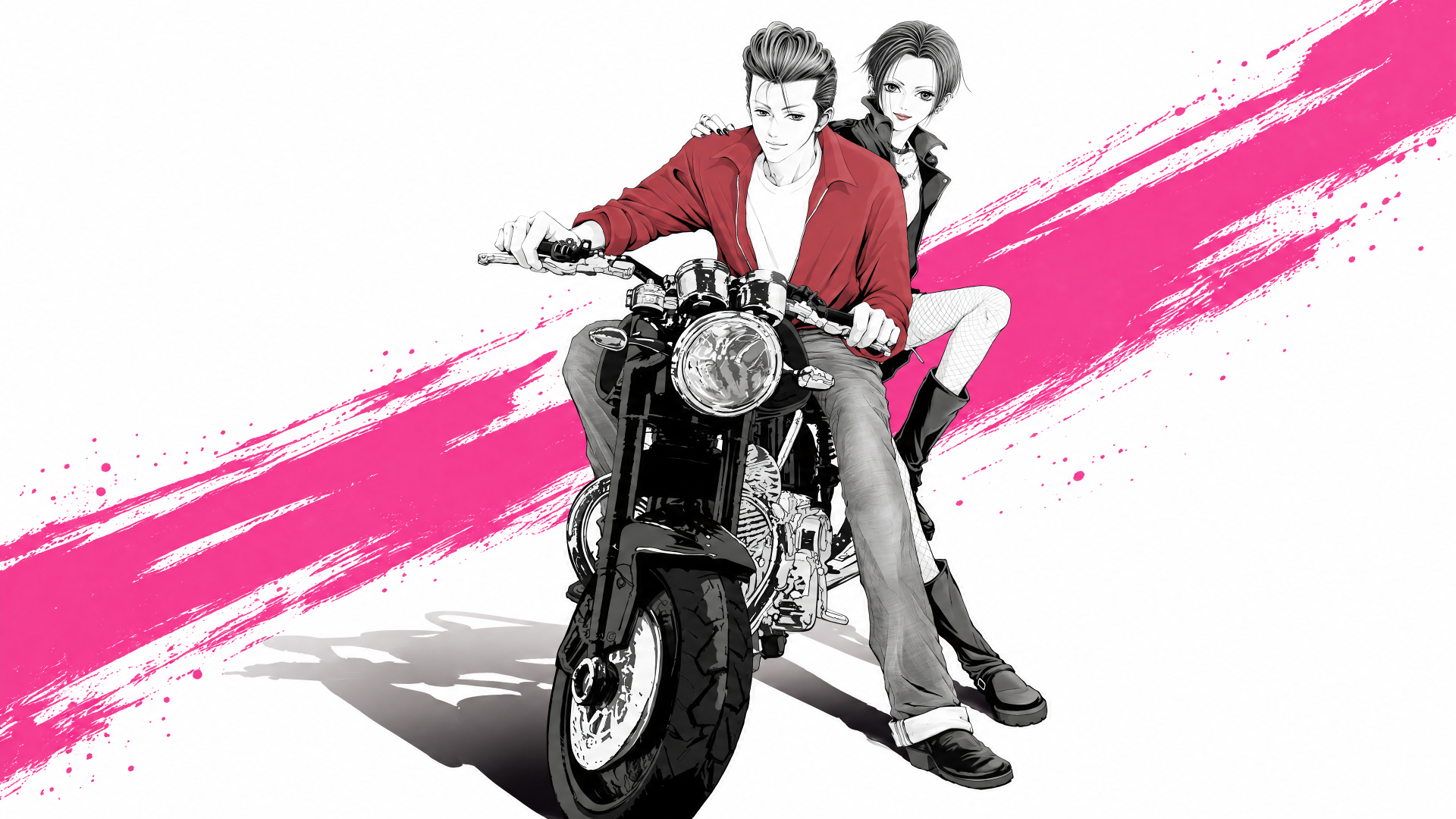 4K Ultra HD PC desktop wallpaper: Nana Osaki with a male companion seated on a motorcycle, couple pose against a bold pink brushstroke background.