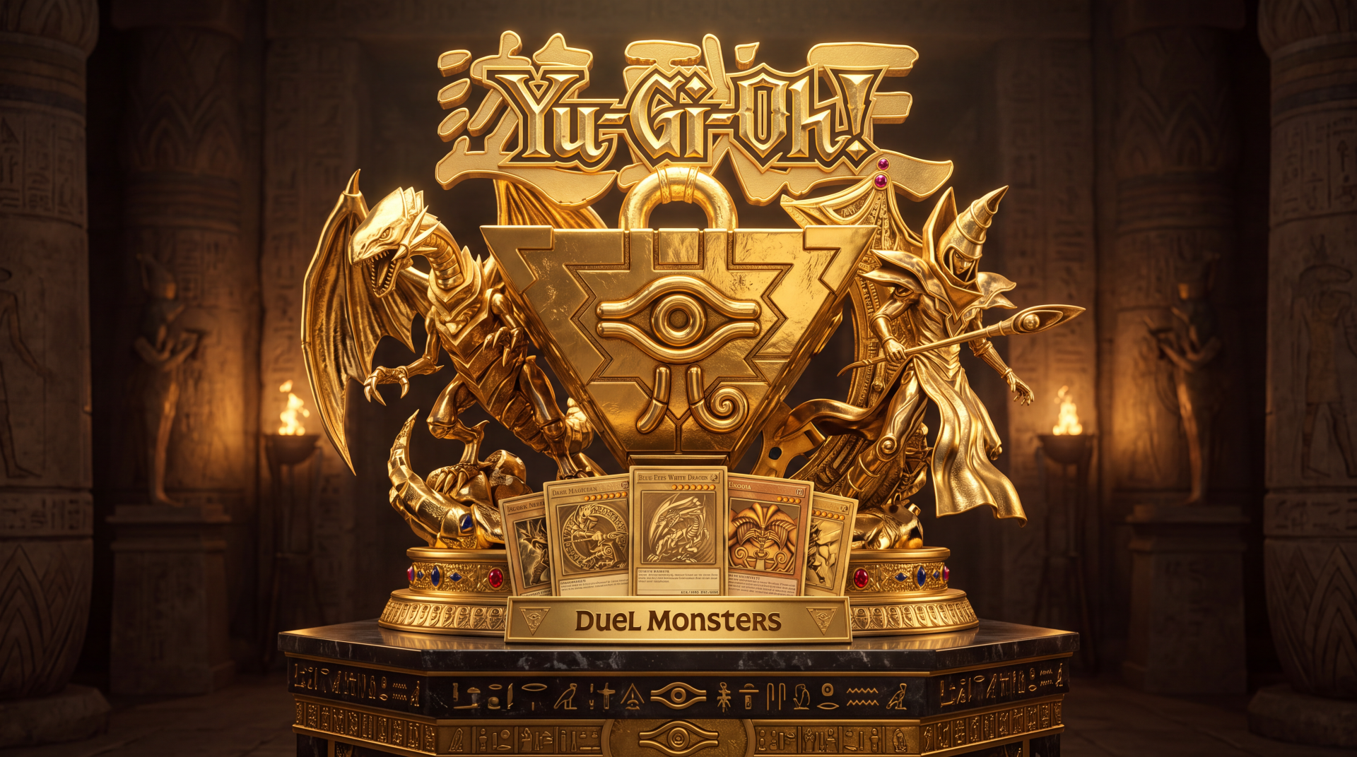 Yu-Gi-Oh! golden trophy and logo centerpiece with Duel Monsters statuettes on an ornate pedestal, 5K Ultra HD PC desktop wallpaper/background.