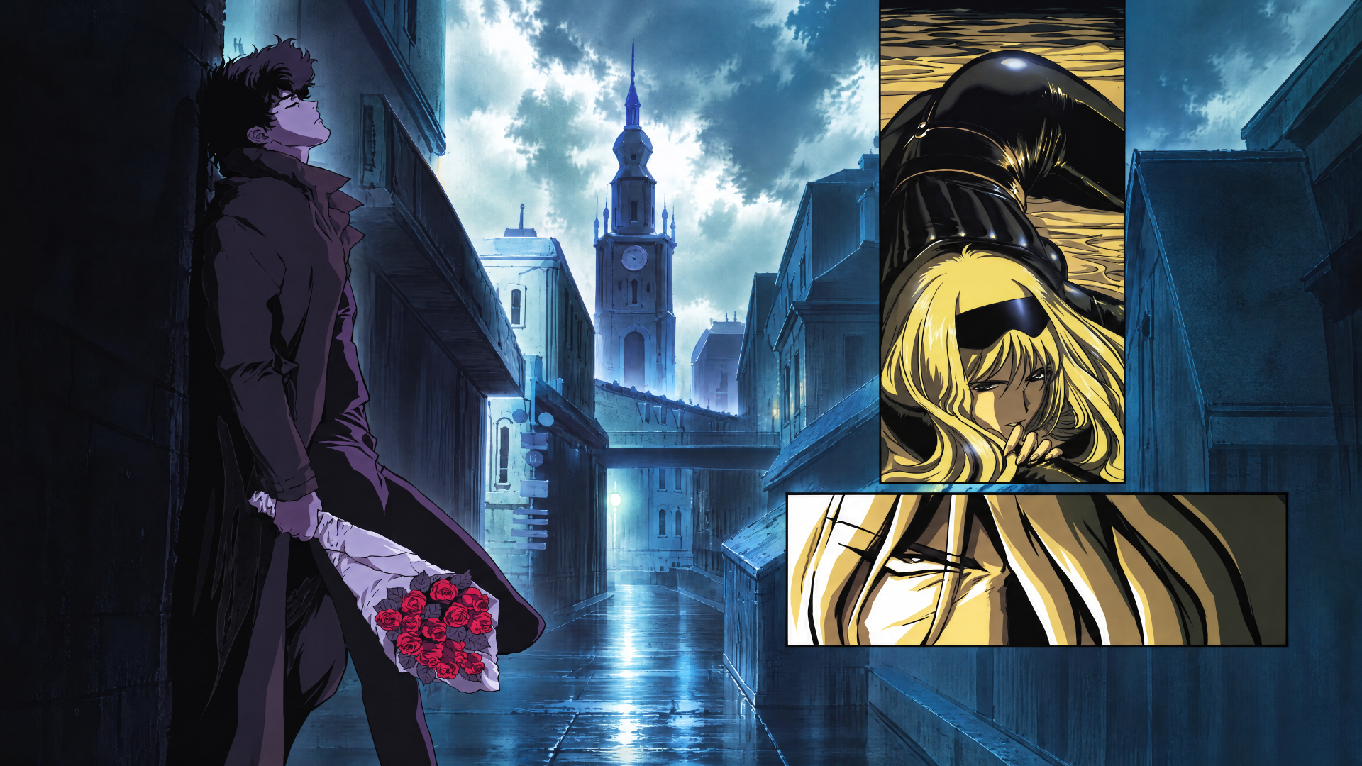Cowboy Bebop 4K Ultra HD PC wallpaper: Spike Spiegel stands in a rain-slick alley holding red roses; inset panels show Julia, a blonde woman, in a somber close embrace.