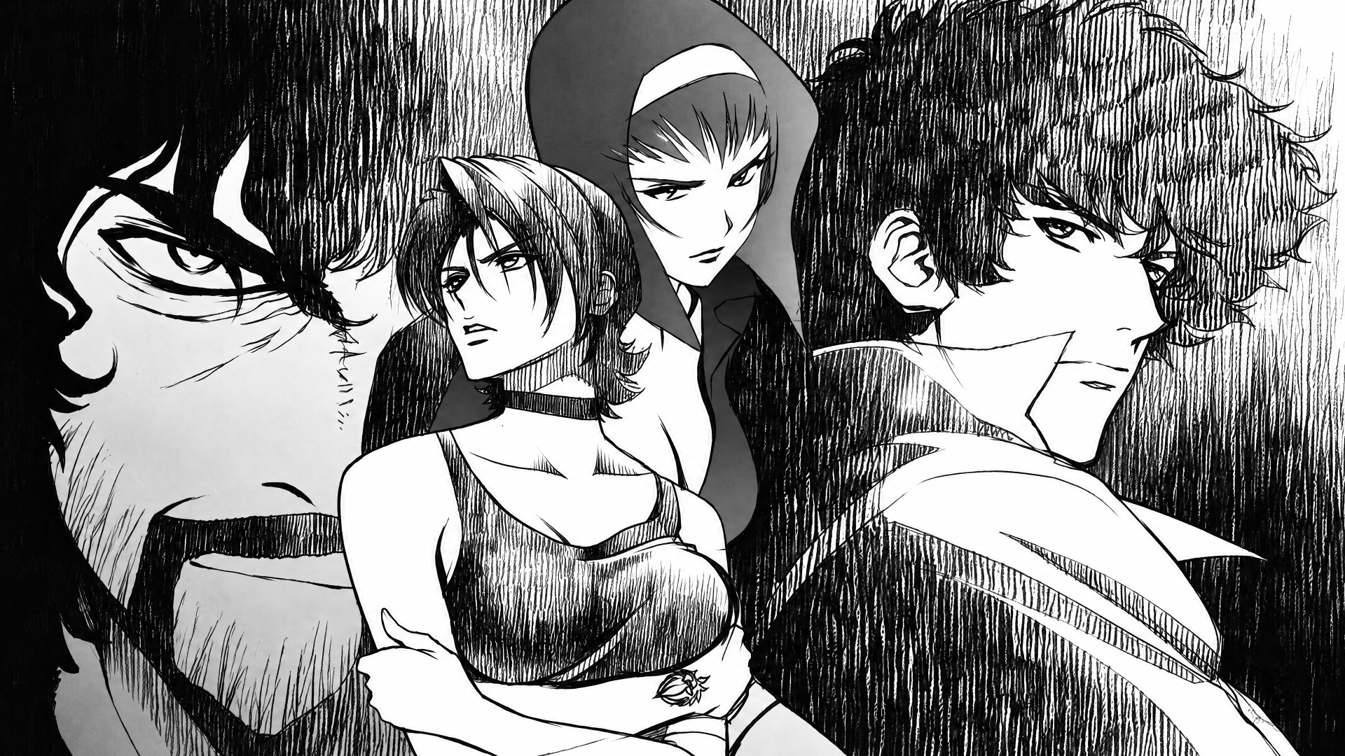 Black-and-white manga-style Cowboy Bebop wallpaper showing Spike Spiegel and Faye Valentine in dramatic poses — high-detail 4K Ultra HD anime desktop background.