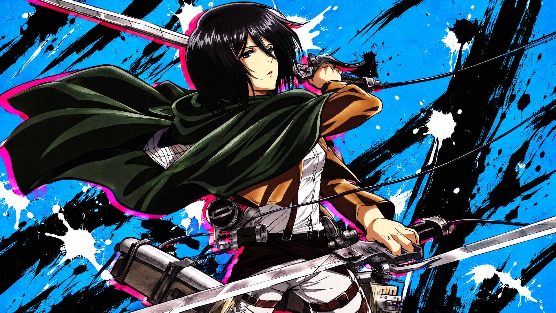 Anime character Mikasa Ackerman from Attack on Titan, samurai-inspired with dual swords, striking against a splattered blue-black background — 4K Ultra HD PC wallpaper.