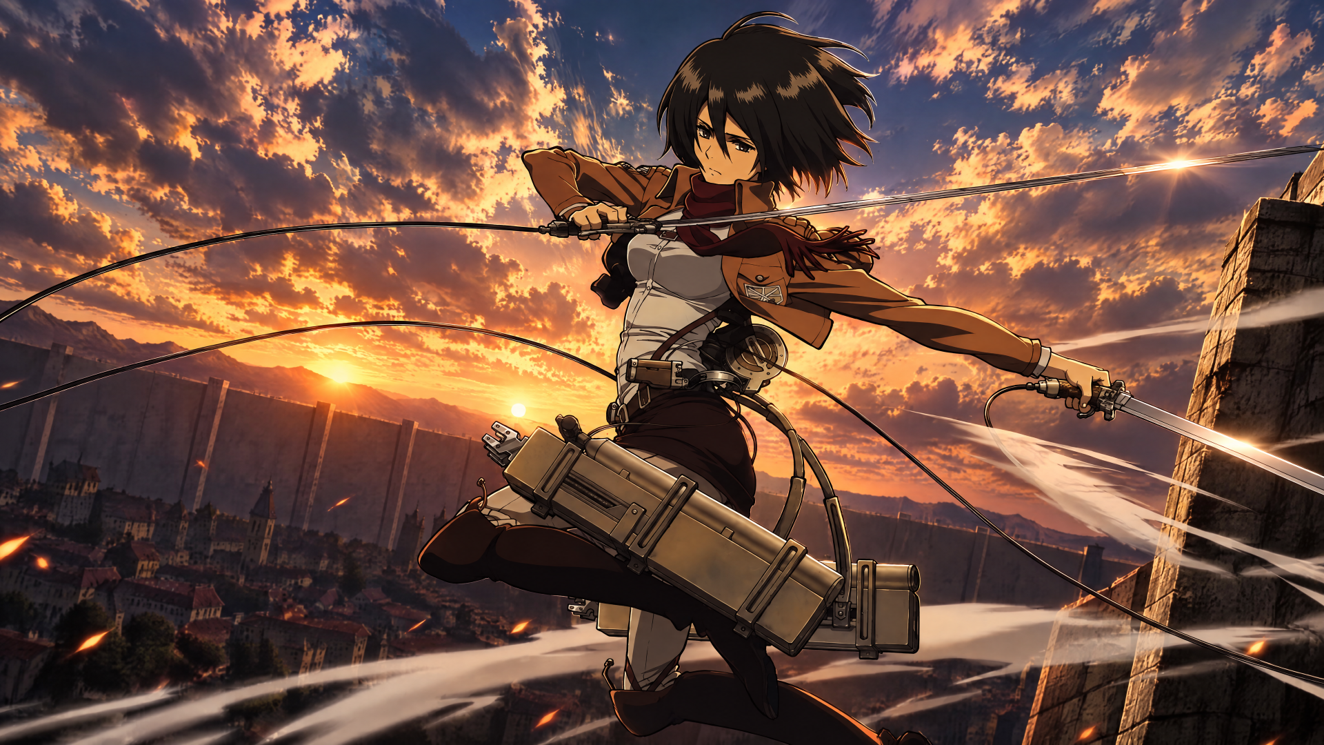Mikasa Ackerman from Attack on Titan, anime girl in ODM gear brandishing dual swords as she soars over a city at sunset — 4K Ultra HD PC desktop wallpaper/background.