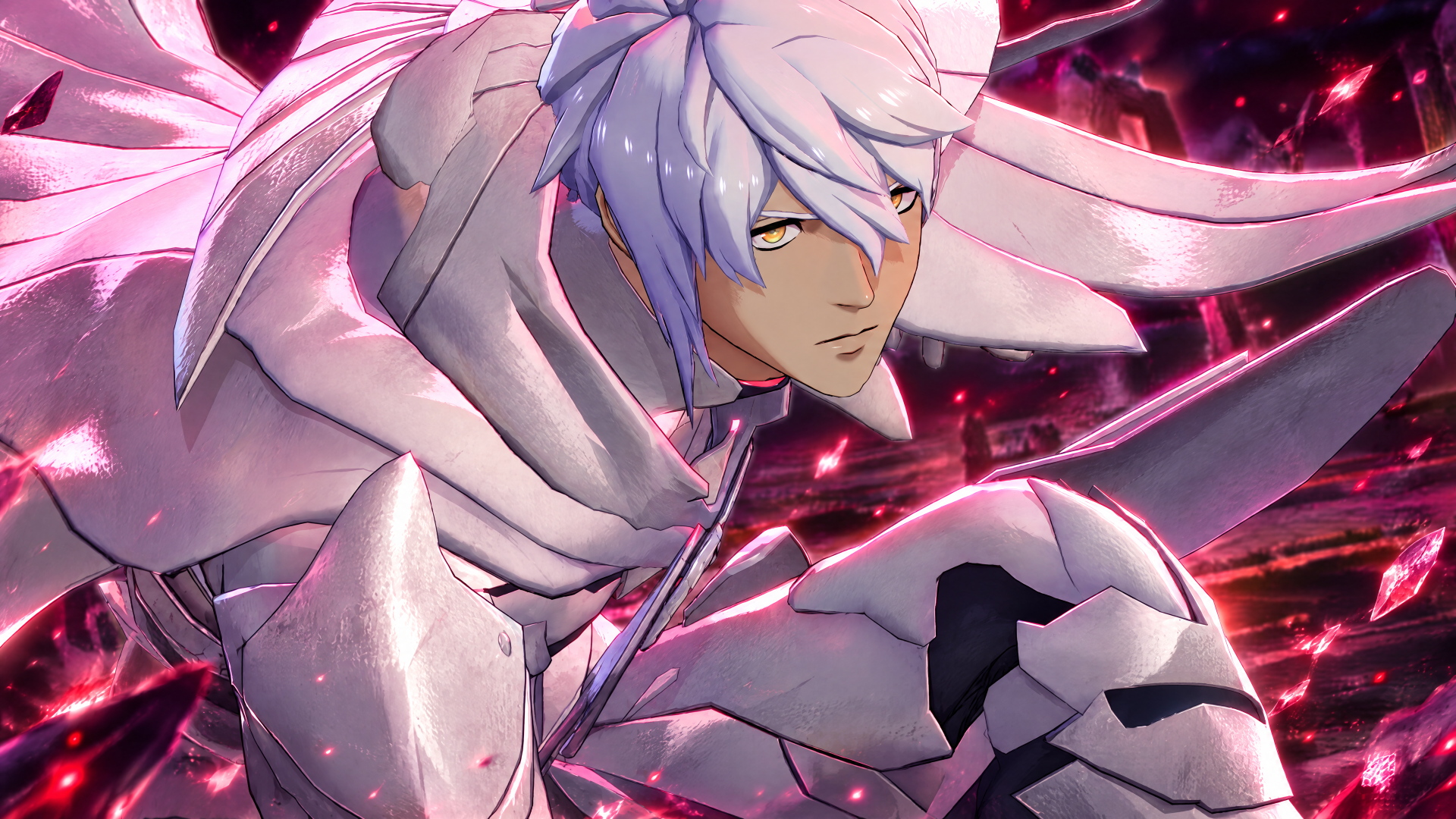 4K Ultra HD PC wallpaper of Eshmel from Fire Emblem: Fortune's Weave — a white‑haired warrior in sleek armor, surrounded by crackling crimson energy and fierce motion.