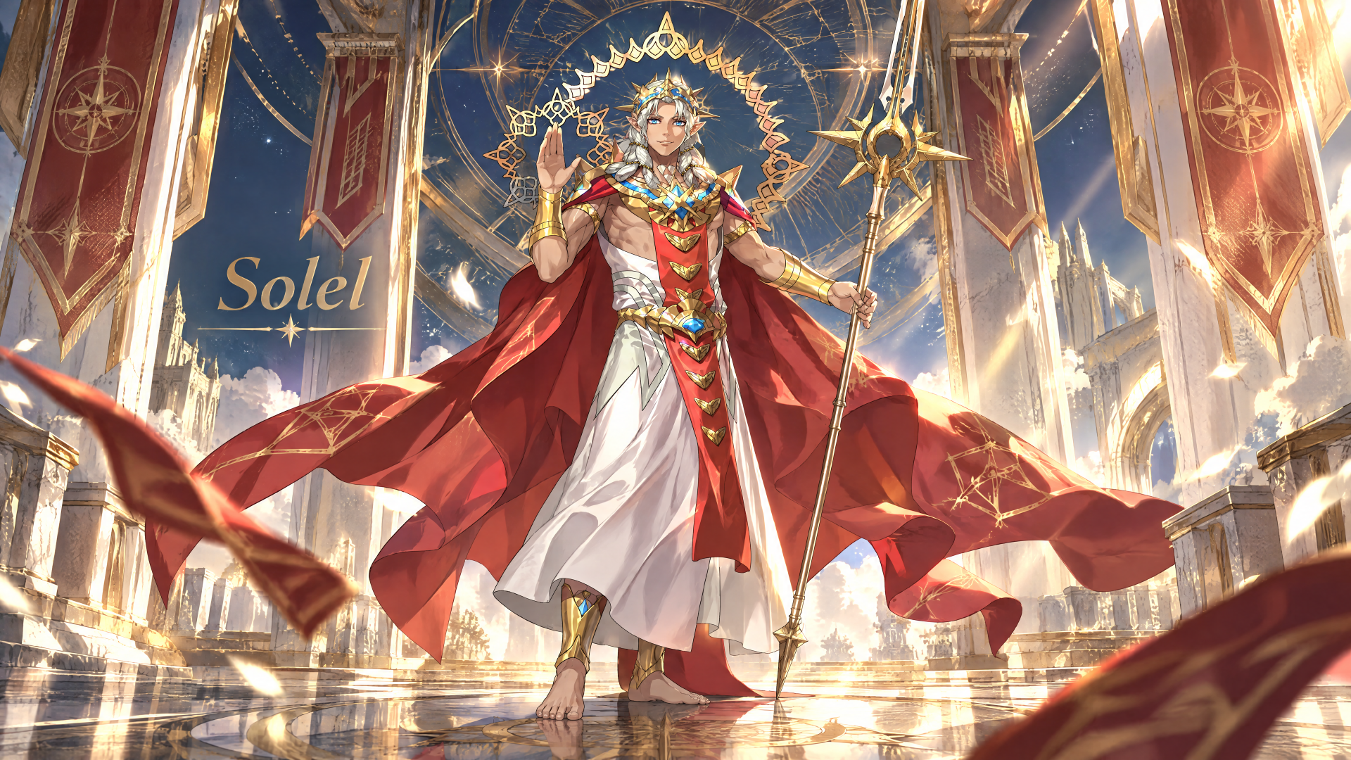 4K Ultra HD PC desktop wallpaper of Solel, queen from Fire Emblem: Fortune's Weave — regal figure in flowing red cloak and golden crown, scepter raised amid ornate palace halls.
