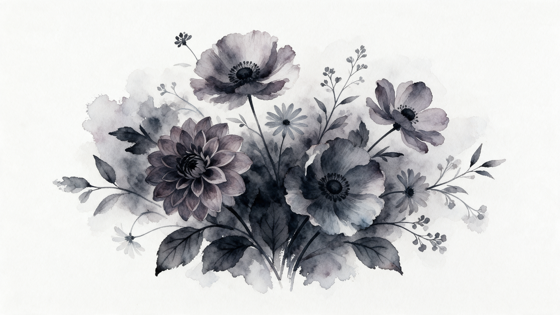 Monochrome watercolor floral bouquet of poppies and other flowers with delicate leaves and washes — 2K Quad HD PC desktop wallpaper background.