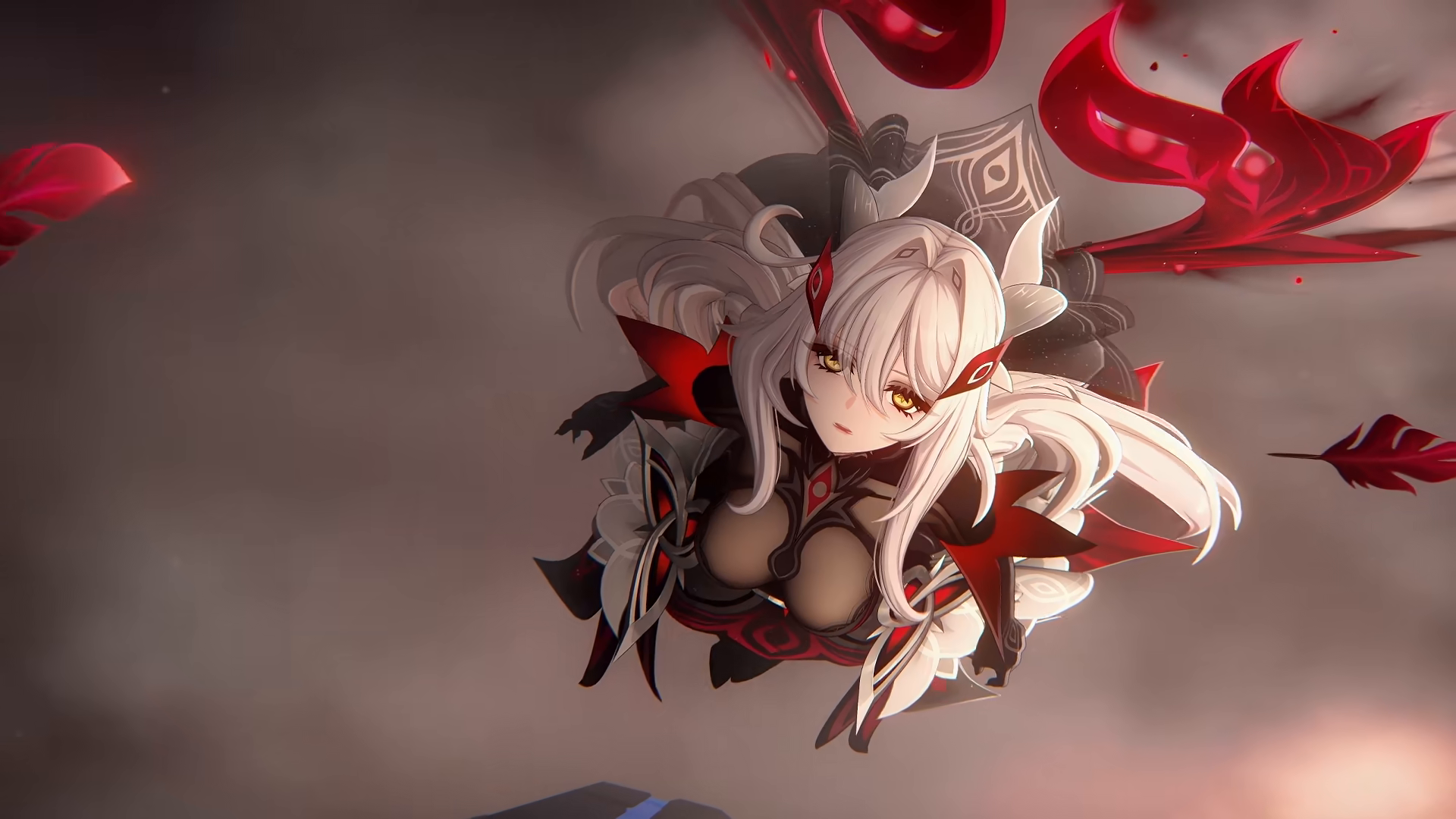 HD PC desktop wallpaper of Ronova (Genshin Impact): anime girl with white hair and horn-like accessories, red-black armor, floating red energy, viewed from above against a smoky background.