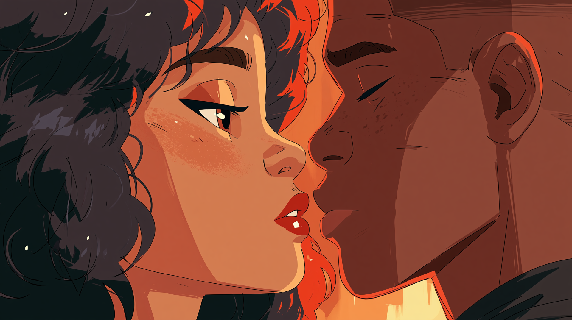 2K Quad HD PC desktop wallpaper/background: close-up of a couple in love sharing a tender kiss, warm lighting and intimate profiles.