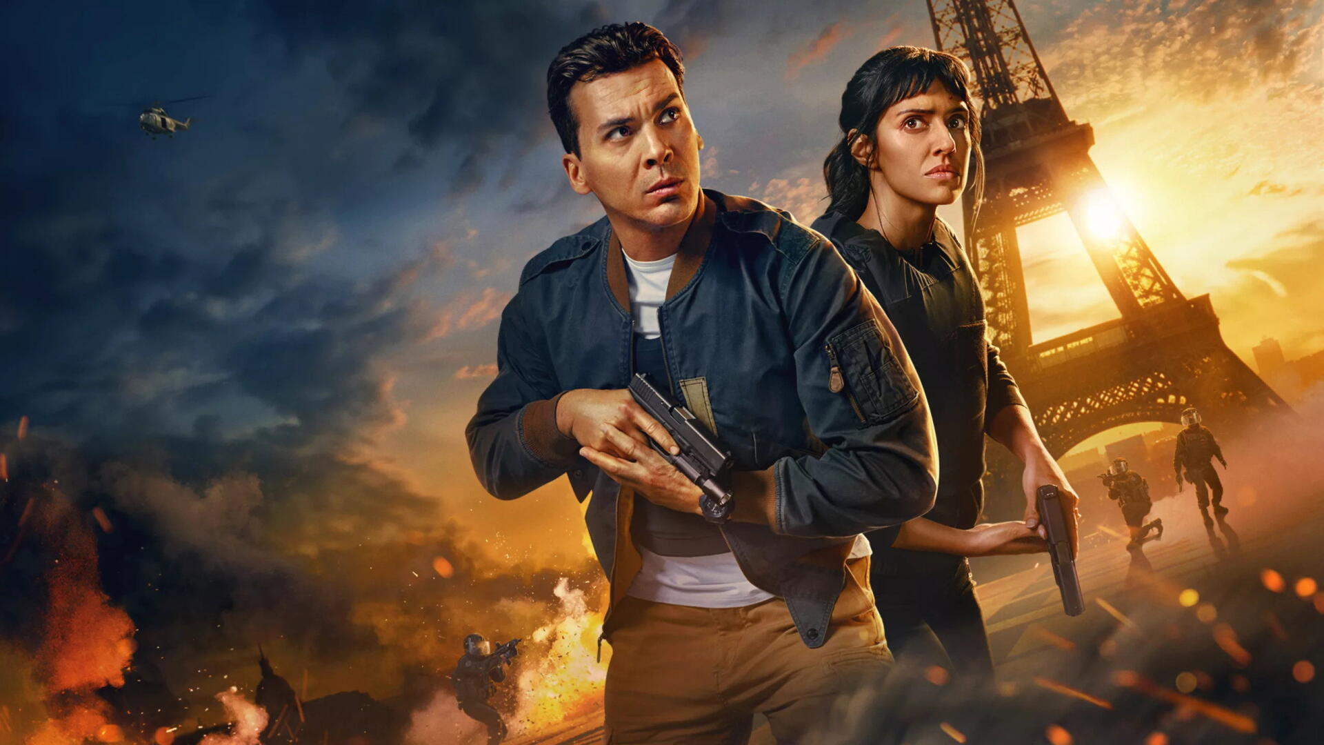 Paris Has Fallen 2K Quad HD PC desktop wallpaper — two armed protagonists back-to-back as the Eiffel Tower burns amid a smoke-filled, apocalyptic sky.