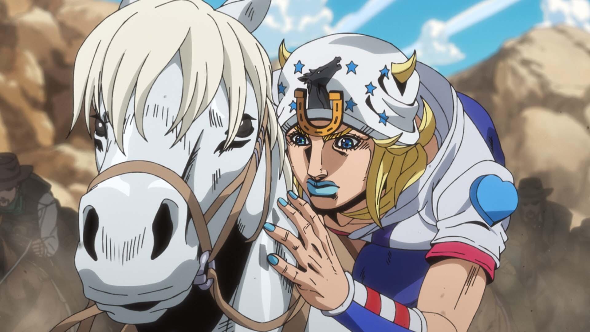 HD PC desktop wallpaper — Steel Ball Run anime: Johnny Joestar beside a white horse, a girllike figure with painted nails, set against rocky desert terrain under a bright blue sky.