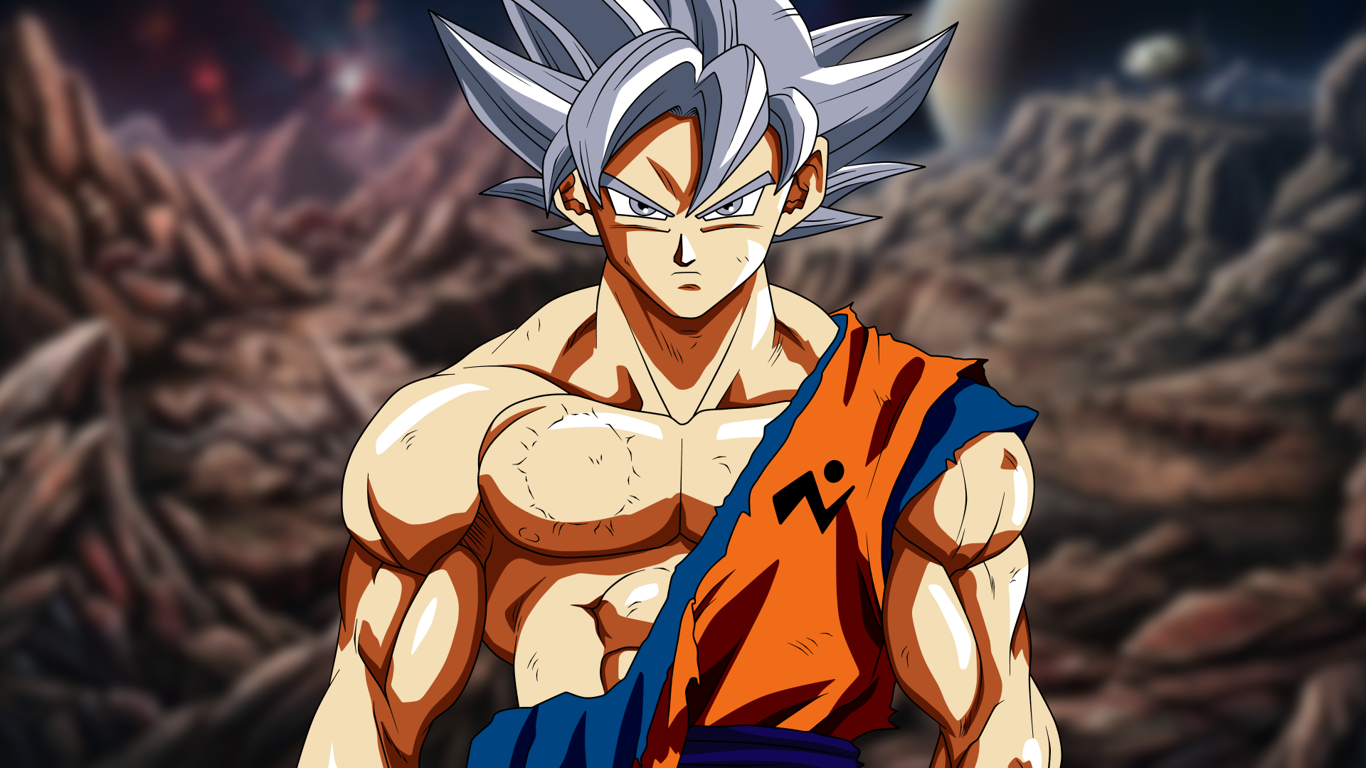 Dragon Ball Super anime wallpaper: Goku in Ultra Instinct with silver hair and torn orange gi standing against a scorched rocky battlefield — 4K Ultra HD PC desktop background.