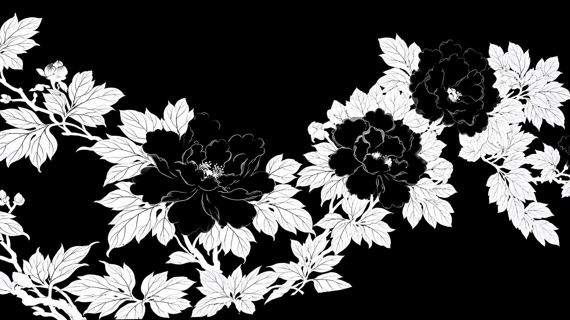 High-contrast black-and-white floral pattern with peony-like blooms and trailing leaves, 4K Ultra HD PC desktop wallpaper and background.