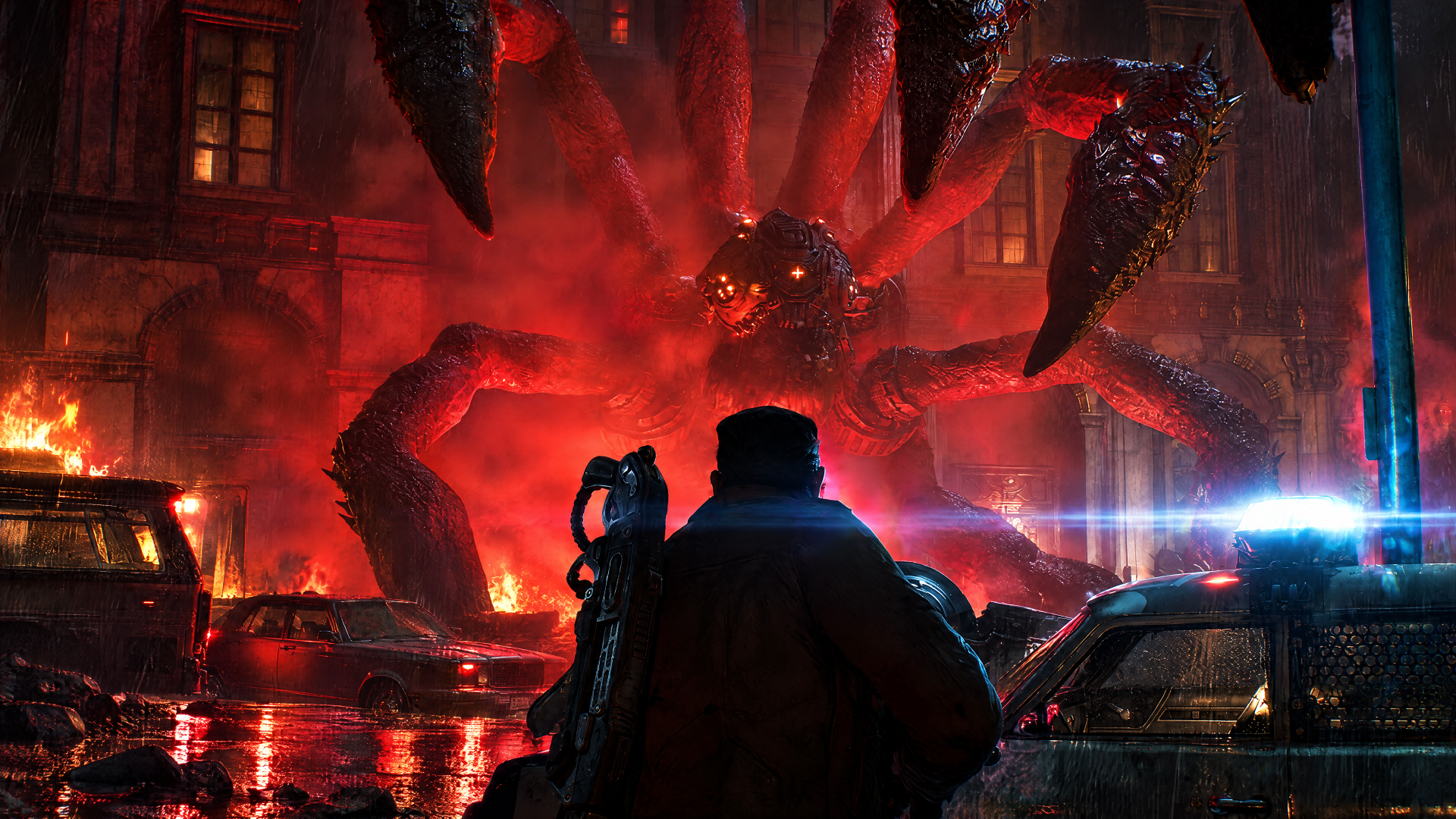 4K Ultra HD PC desktop wallpaper: Gears of War: E-Day — silhouetted soldier confronts a towering tentacled alien monster amid burning cars, police lights and chaos.