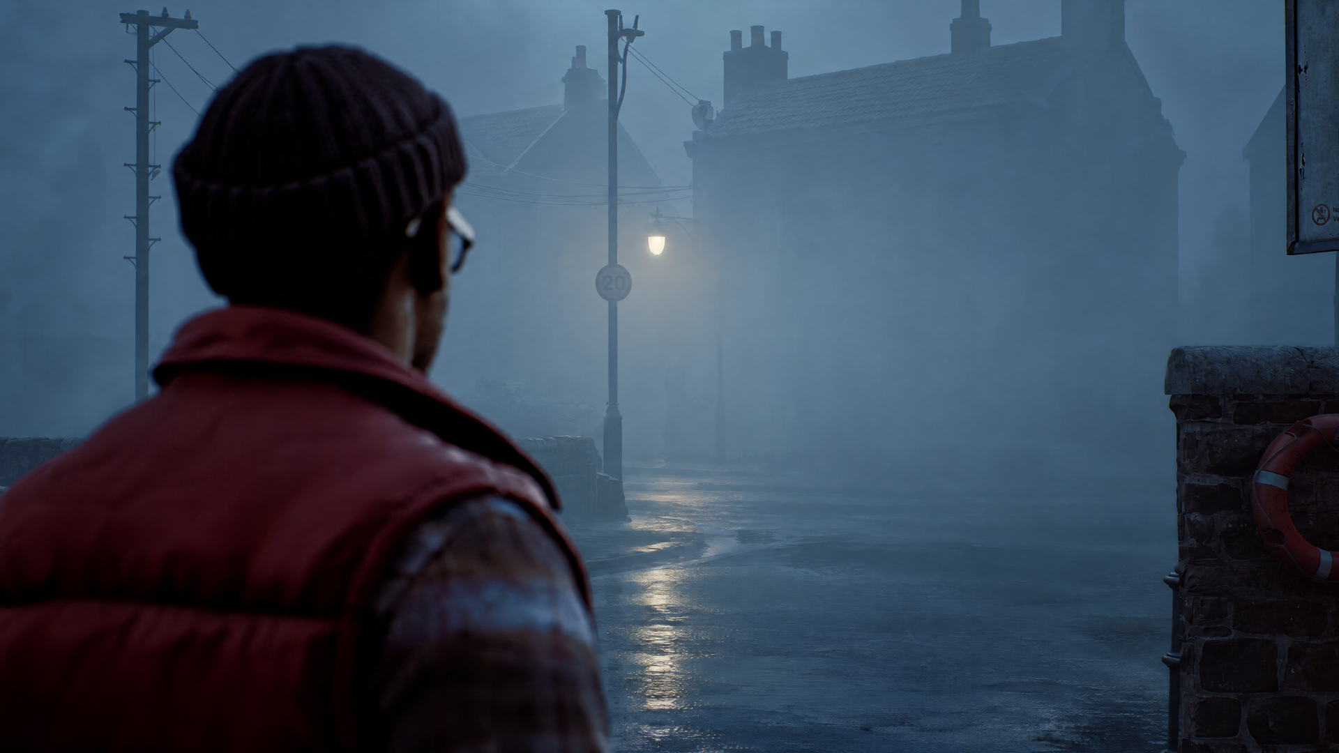 Simon Ordell stands with his back to the viewer on a rain-slick street in fog-shrouded Silent Hill: Townfall — moody 4K Ultra HD PC desktop wallpaper background.