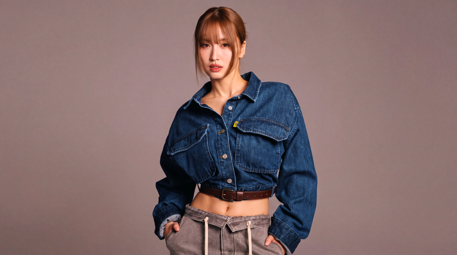 5K Ultra HD desktop wallpaper: portrait of a Japanese K-pop idol and model in a cropped denim jacket and trousers against a neutral backdrop.