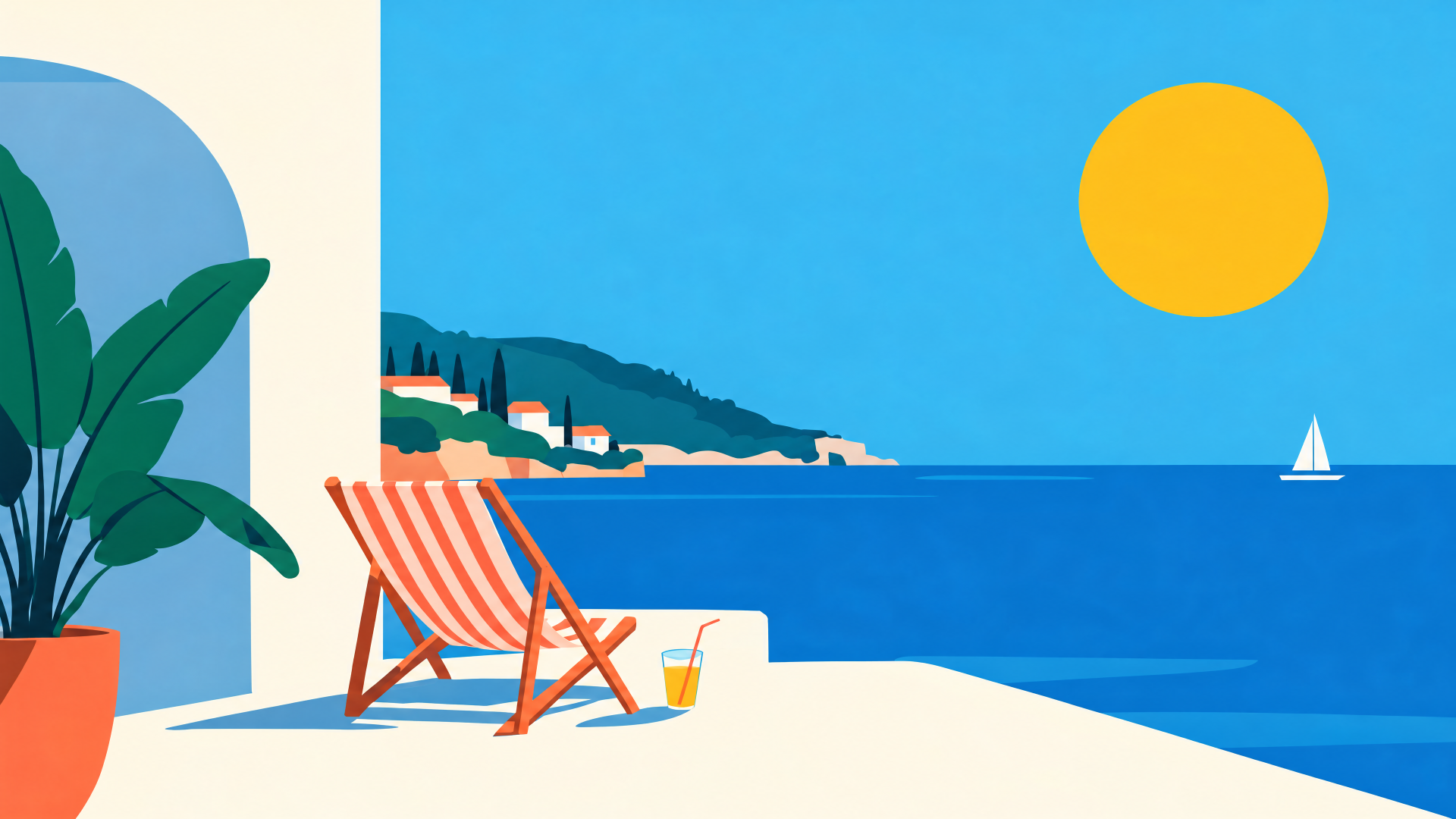 Minimalist summer 4K Ultra HD PC desktop wallpaper: sunlit beach terrace with a striped chair, cold drink, potted plant, blue ocean and distant sailboat under a bright yellow sun.